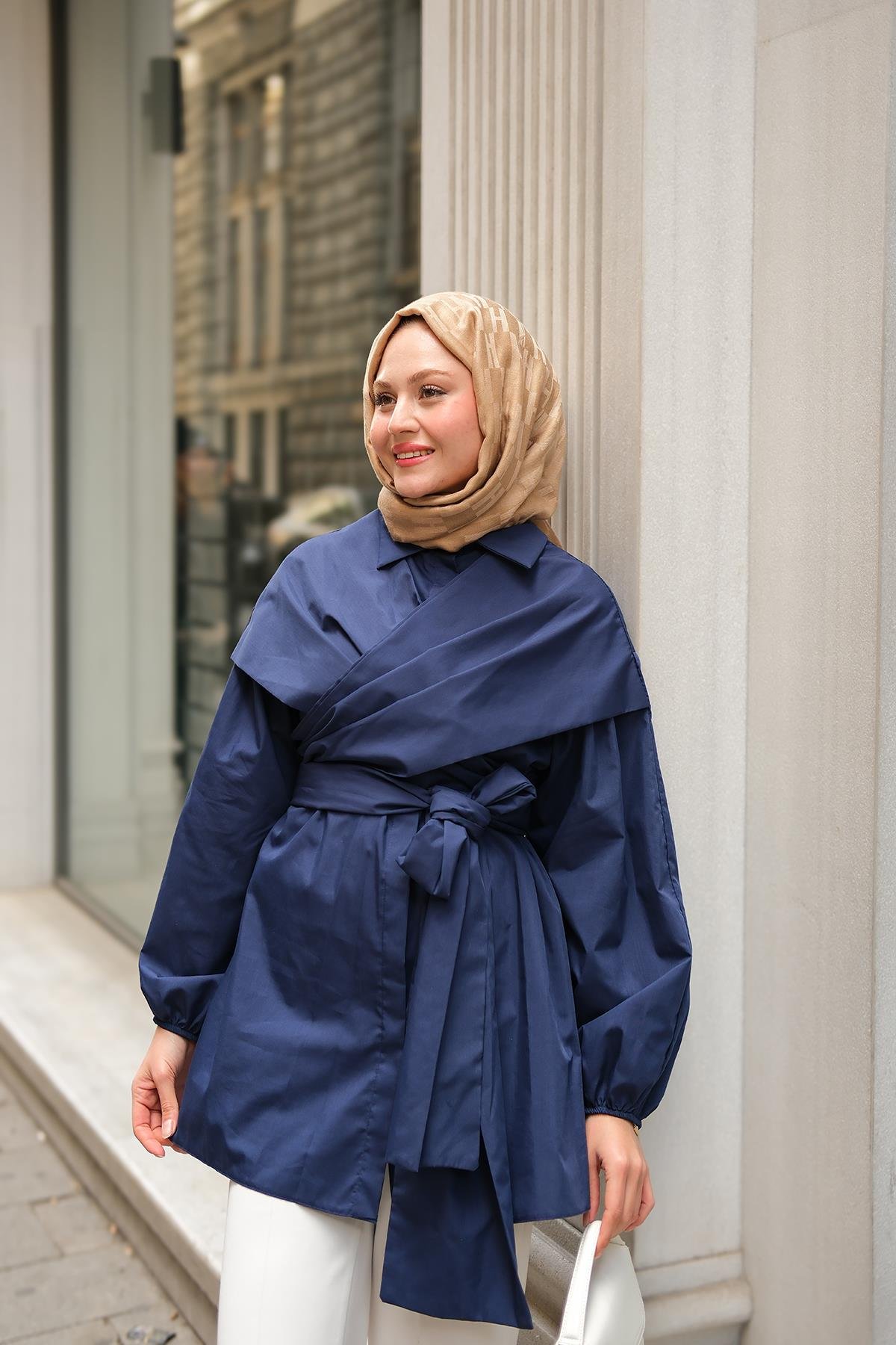 Önü Drape Detay Poplin Gömlek Lacivert