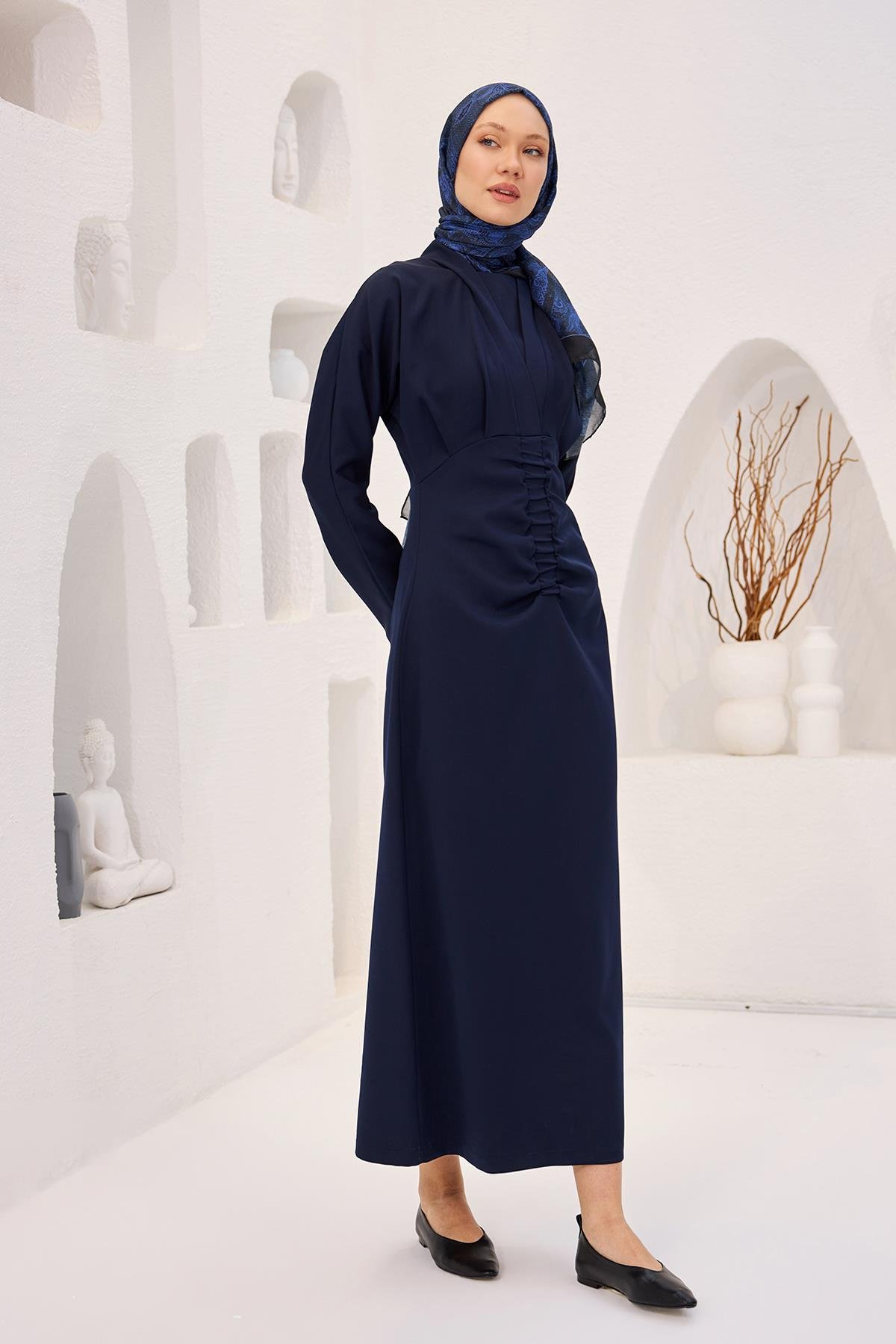 Önü Drapeli Krep Elbise  Lacivert