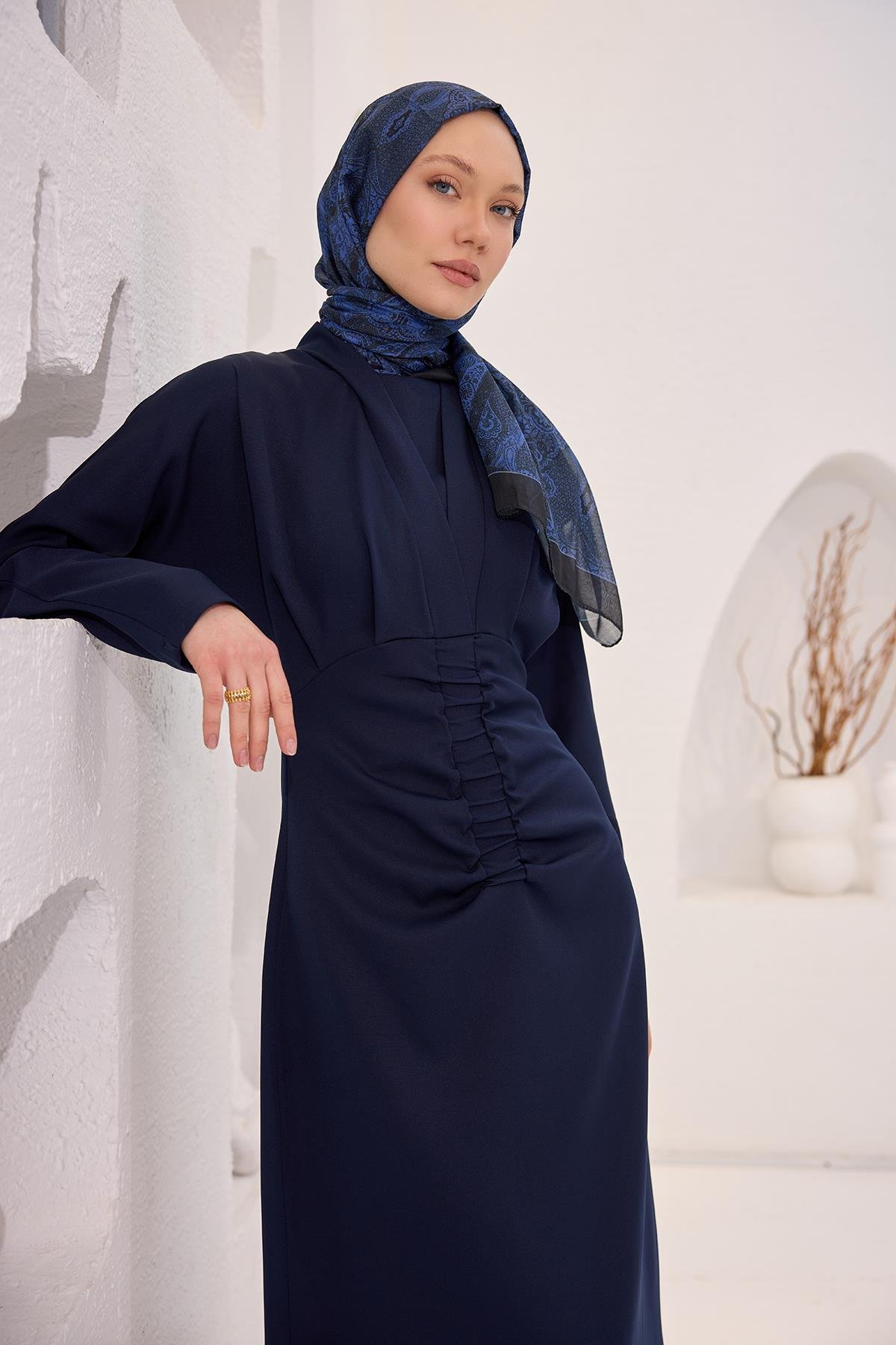 Önü Drapeli Krep Elbise  Lacivert