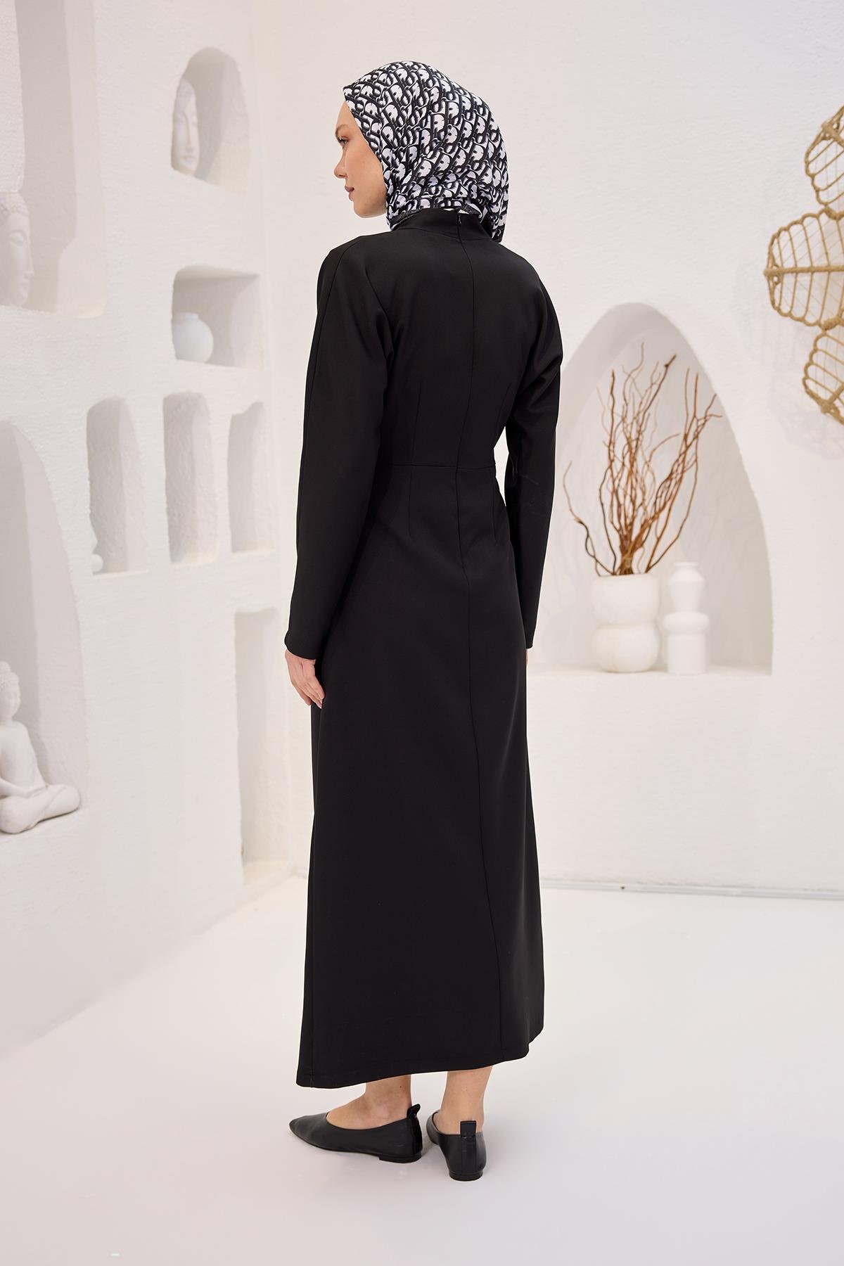 Önü Drapeli Krep Elbise  Siyah