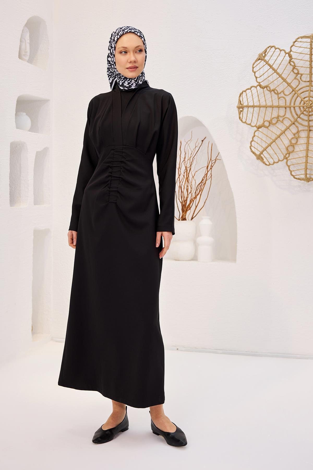 Önü Drapeli Krep Elbise  Siyah