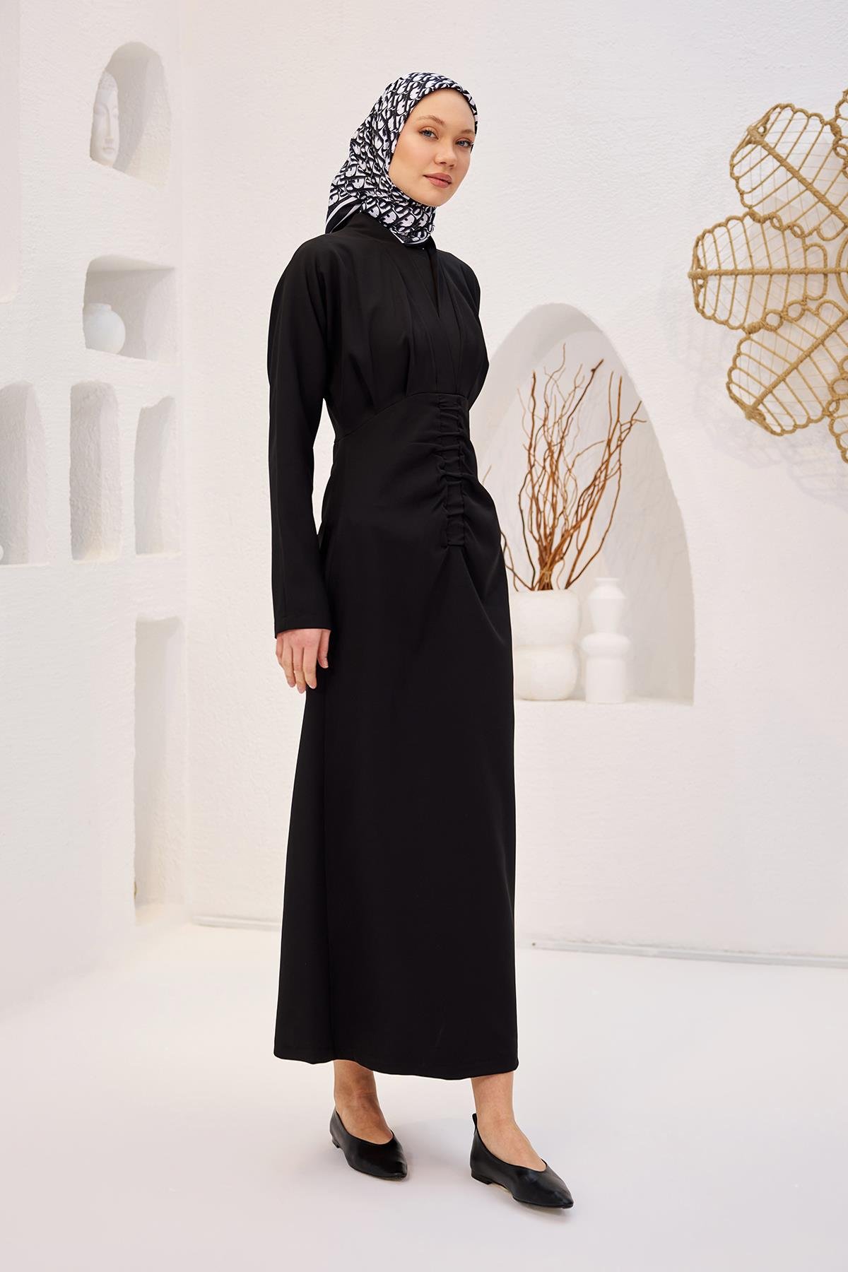 Önü Drapeli Krep Elbise  Siyah