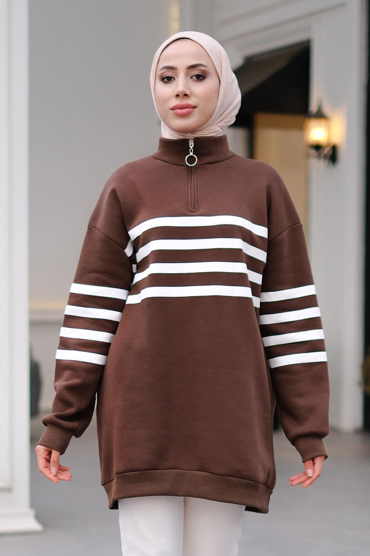 Önü Fermuarlı Çizgili Sweat Acı Kahve-Beyaz