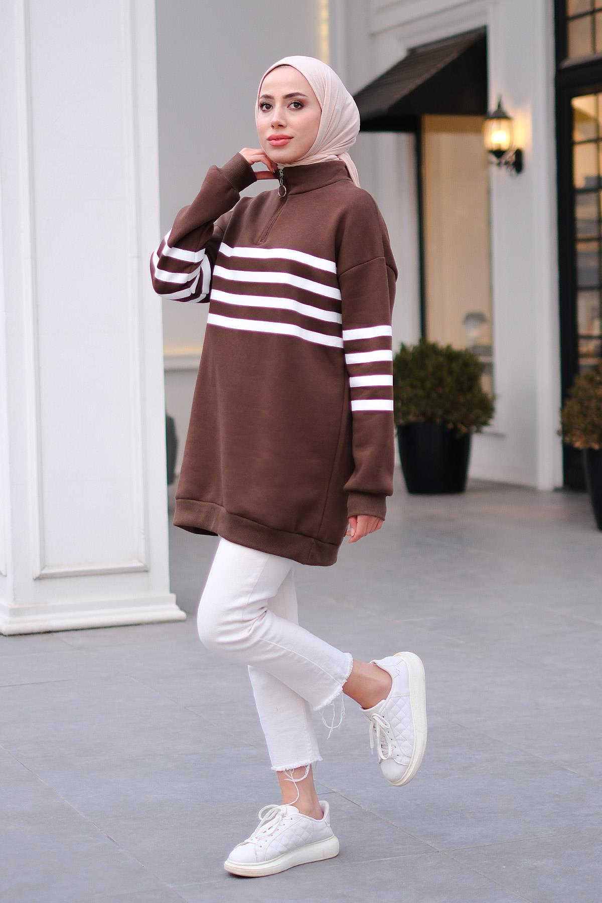 Önü Fermuarlı Çizgili Sweat Acı Kahve-Beyaz