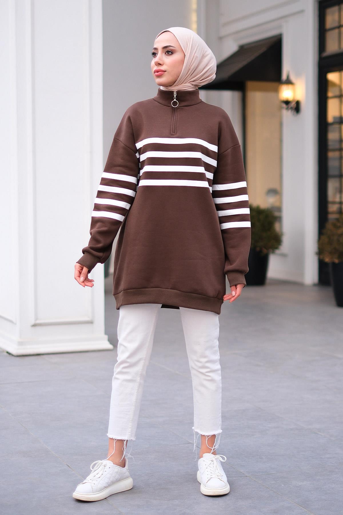 Önü Fermuarlı Çizgili Sweat Acı Kahve-Beyaz
