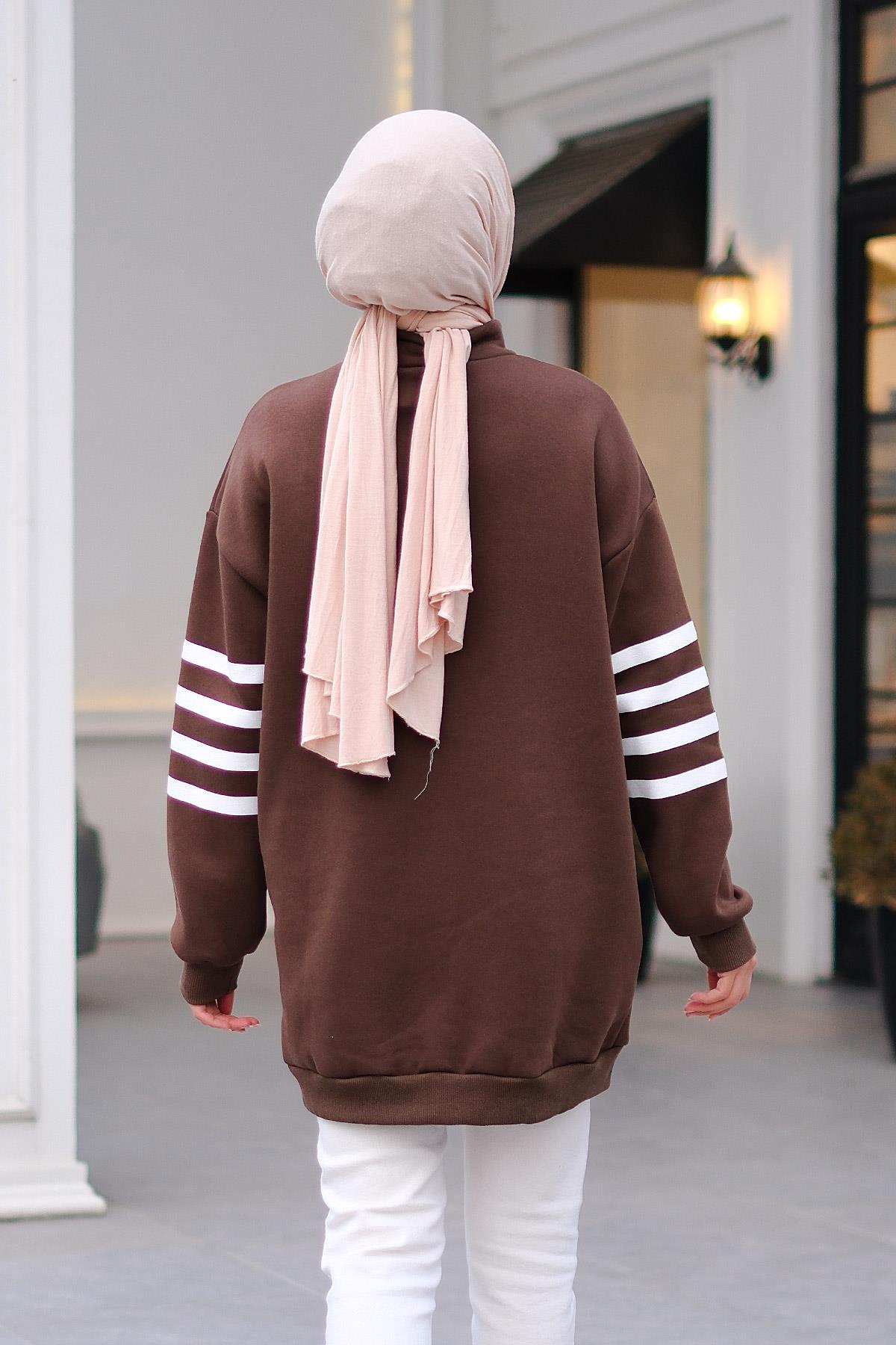 Önü Fermuarlı Çizgili Sweat Acı Kahve-Beyaz