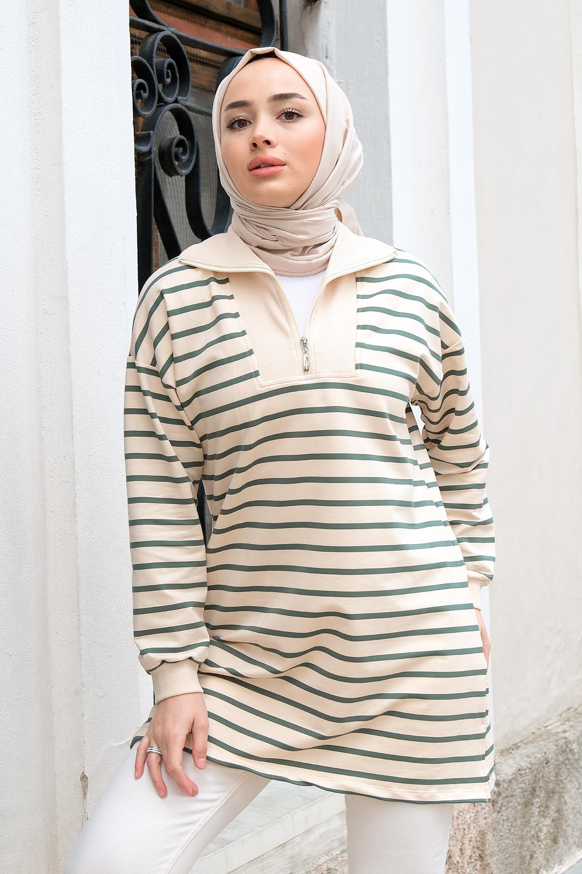 Önü Fermuarlı Çizgili Sweat Yeşil