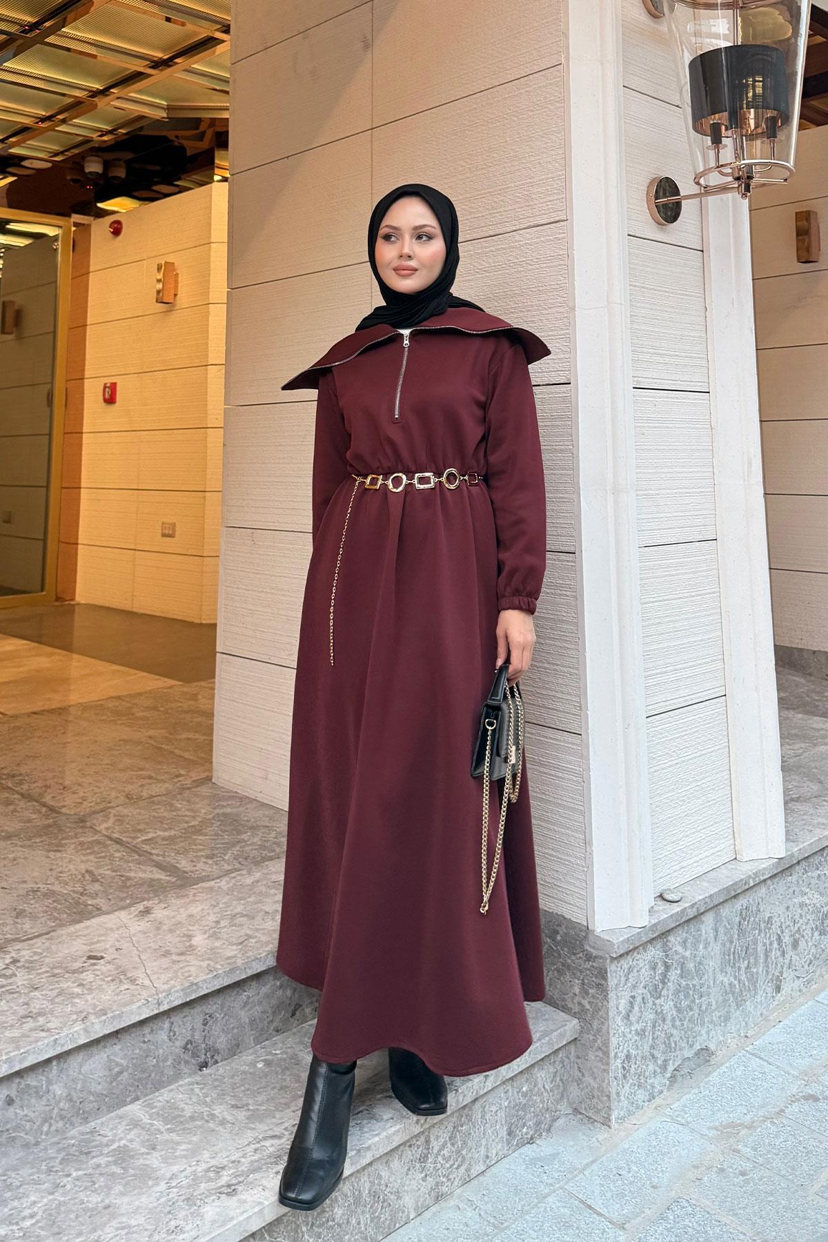 Önü Fermuarlı Elbise Bordo