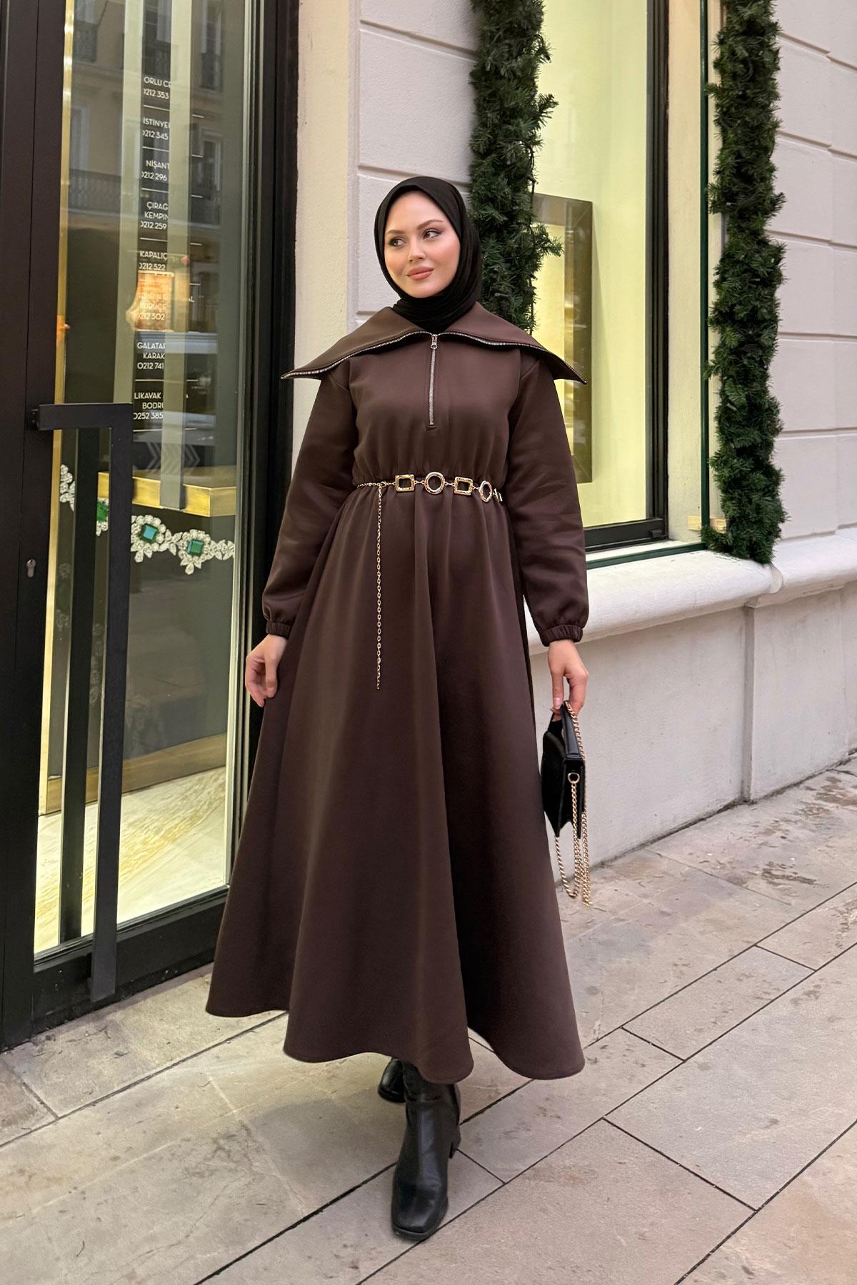Önü Fermuarlı Elbise Kahverengi
