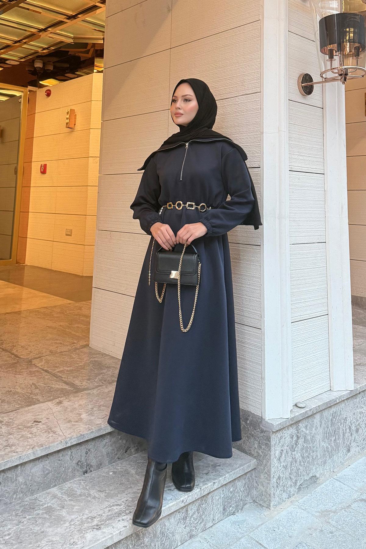 Önü Fermuarlı Elbise Lacivert