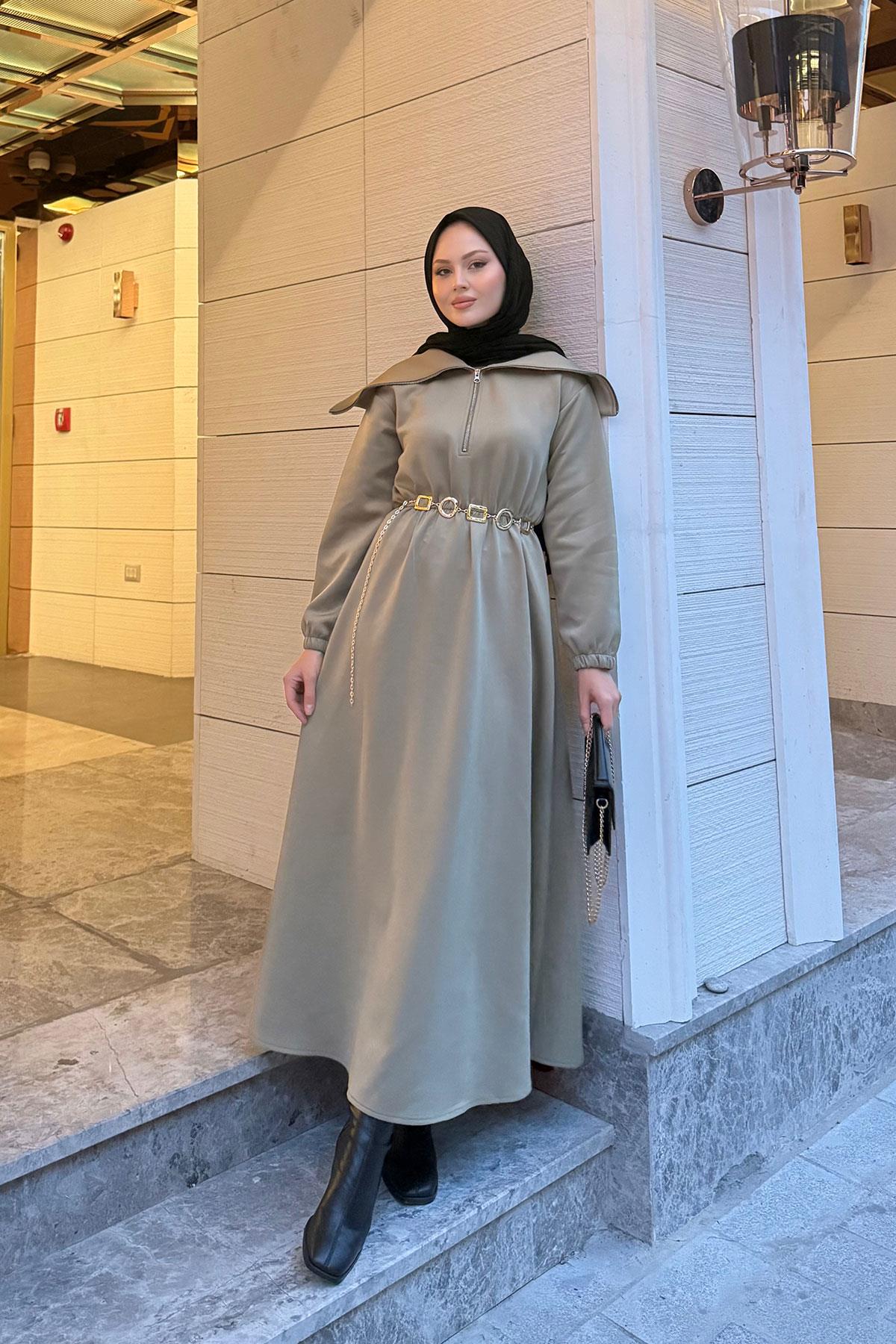 Önü Fermuarlı Elbise Yeşil