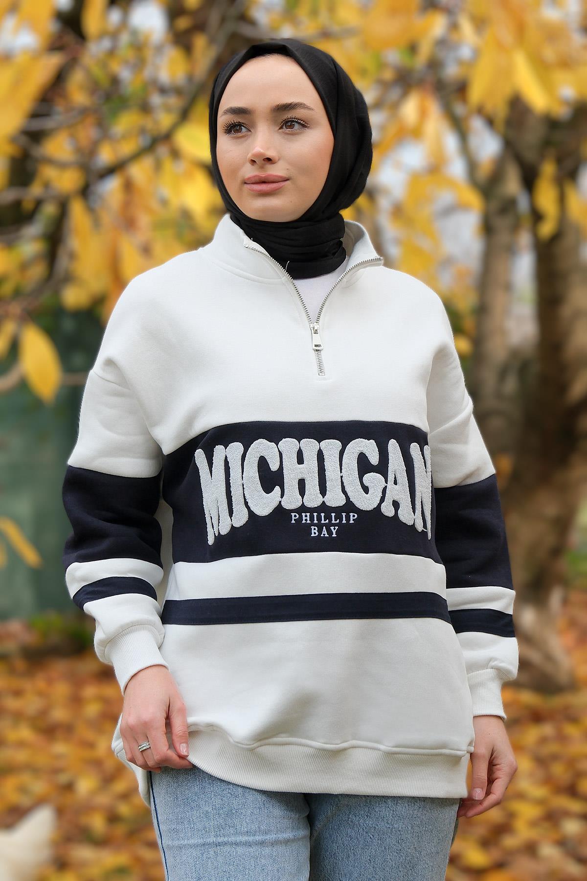 Önü Fermuarlı Sweat Beyaz