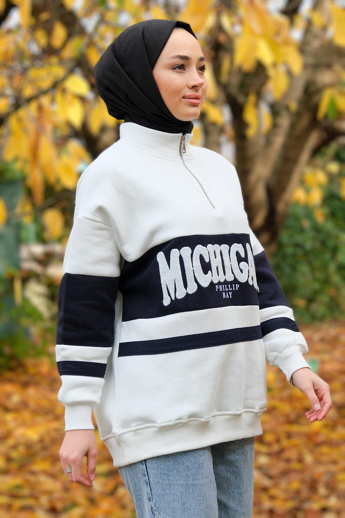 Önü Fermuarlı Sweat Beyaz