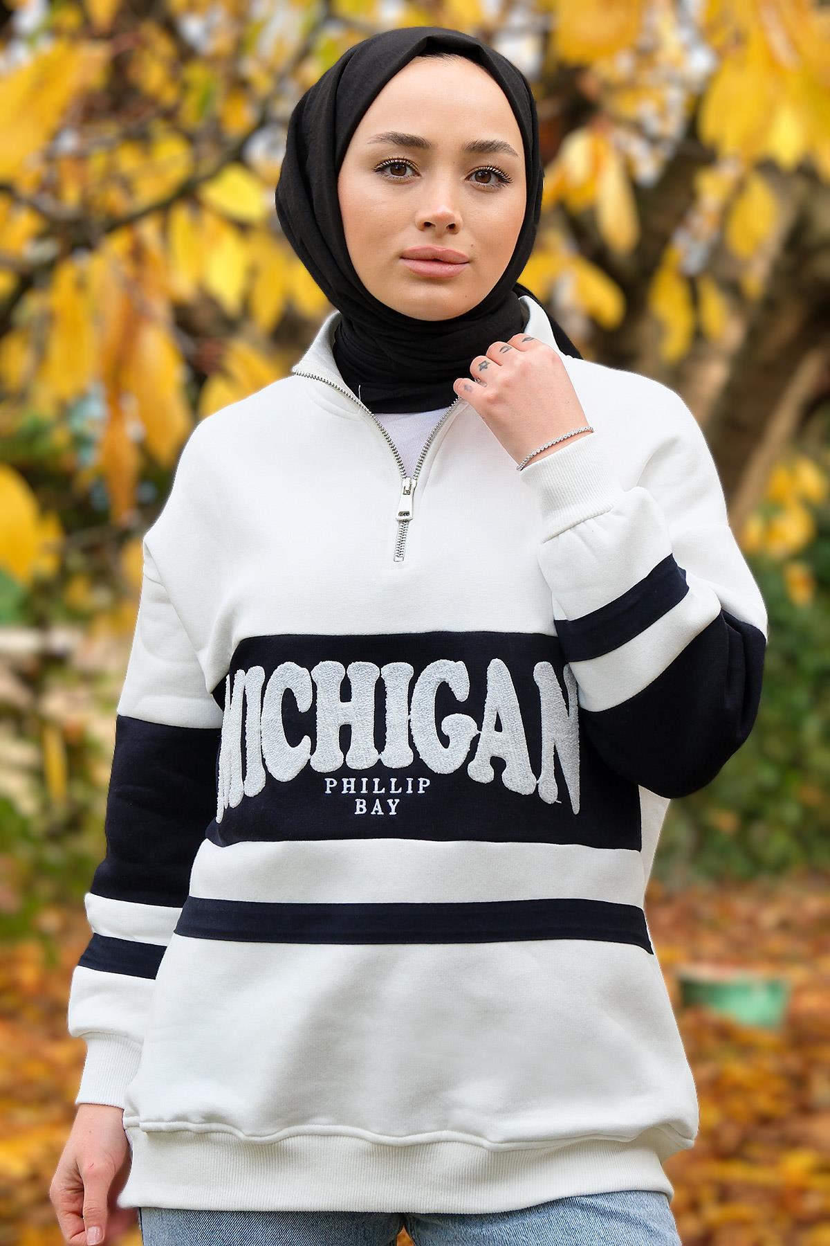 Önü Fermuarlı Sweat Beyaz