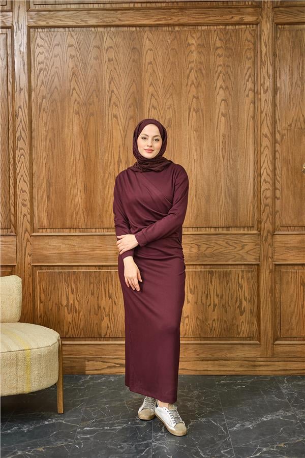 Önü Parça Detaylı Elbise Bordo