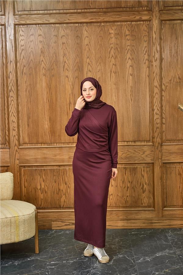 Önü Parça Detaylı Elbise Bordo