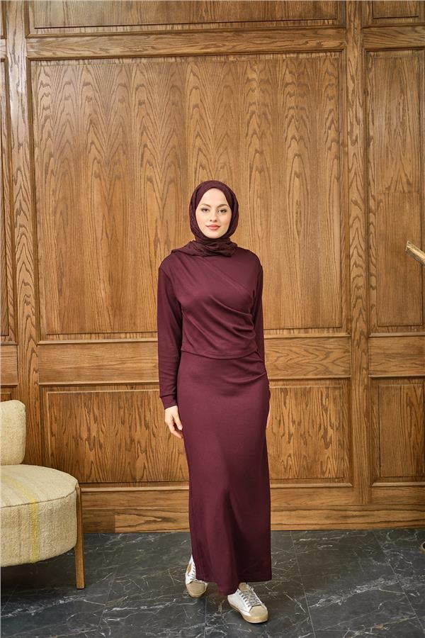 Önü Parça Detaylı Elbise Bordo