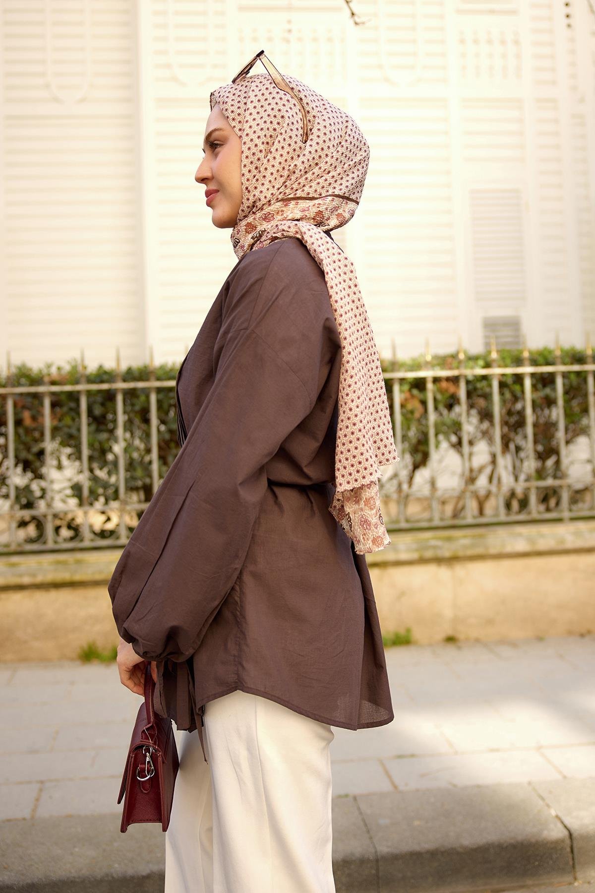 Önü Pile Detay Vual Gömlek Kahverengi