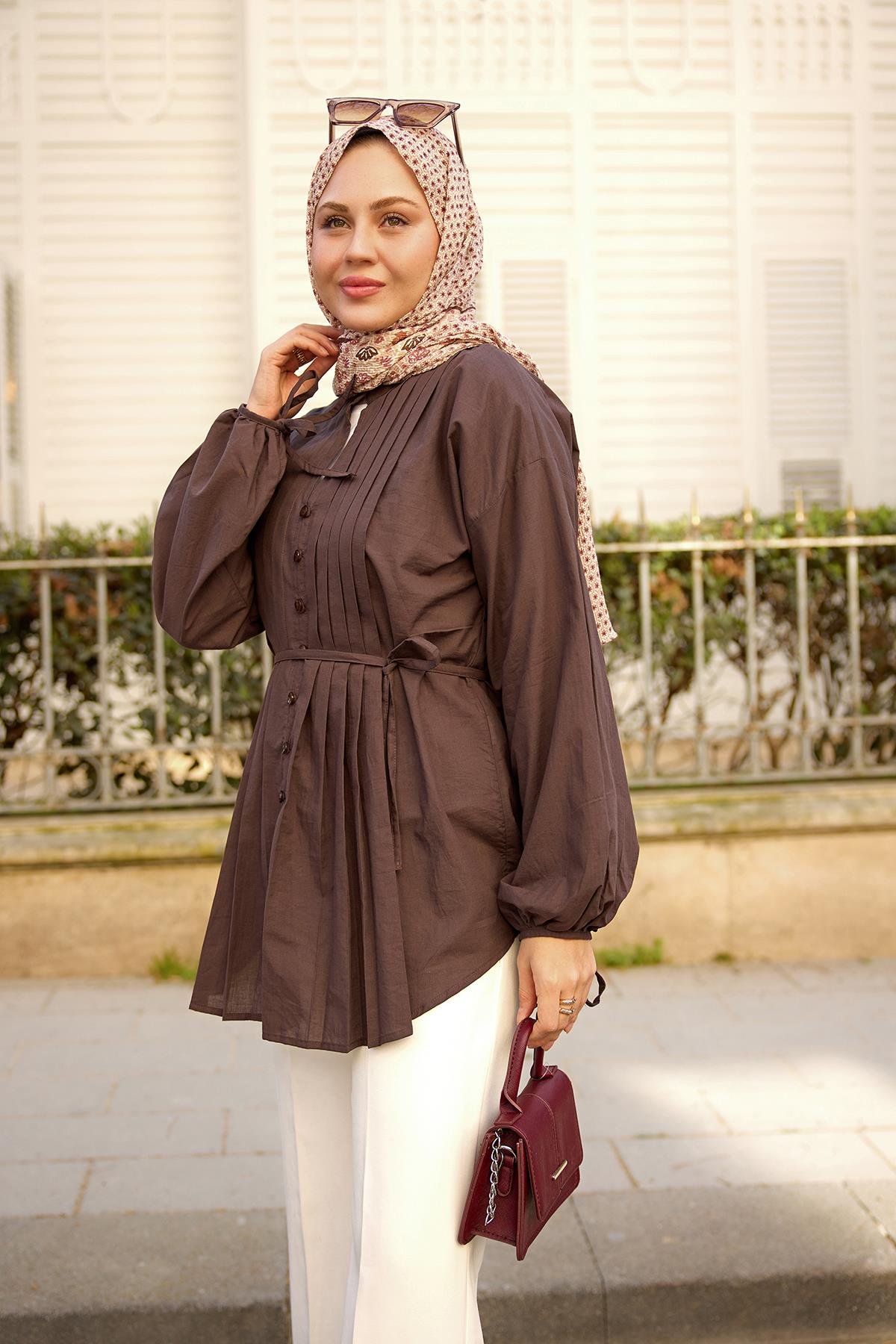 Önü Pile Detay Vual Gömlek Kahverengi