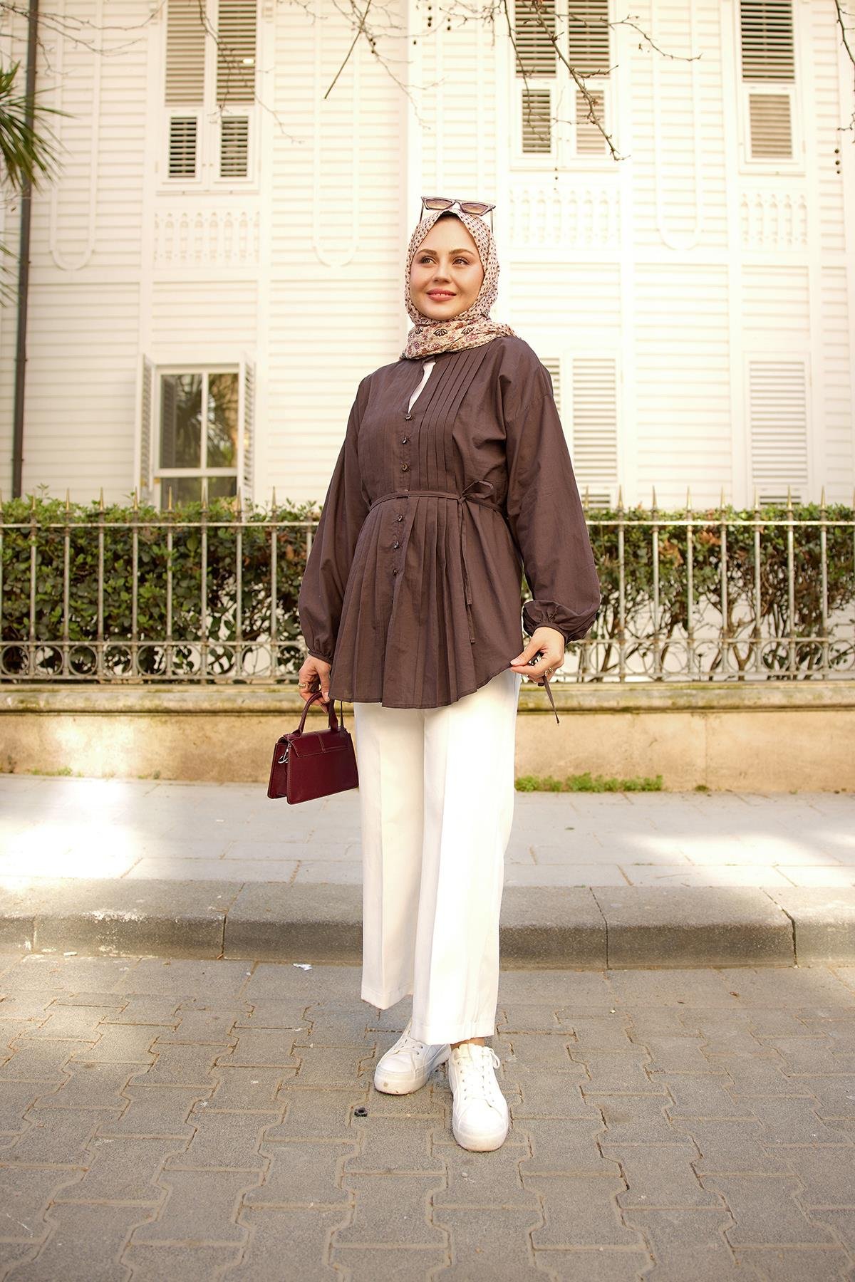 Önü Pile Detay Vual Gömlek Kahverengi