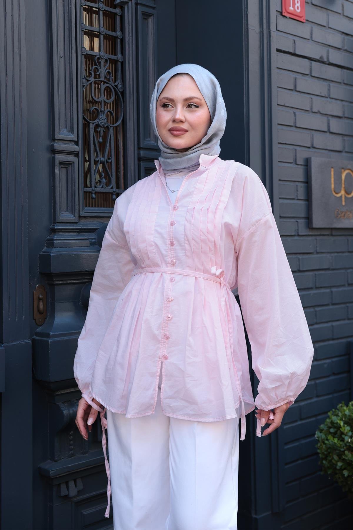 Önü Pile Detay Vual Gömlek  Pembe