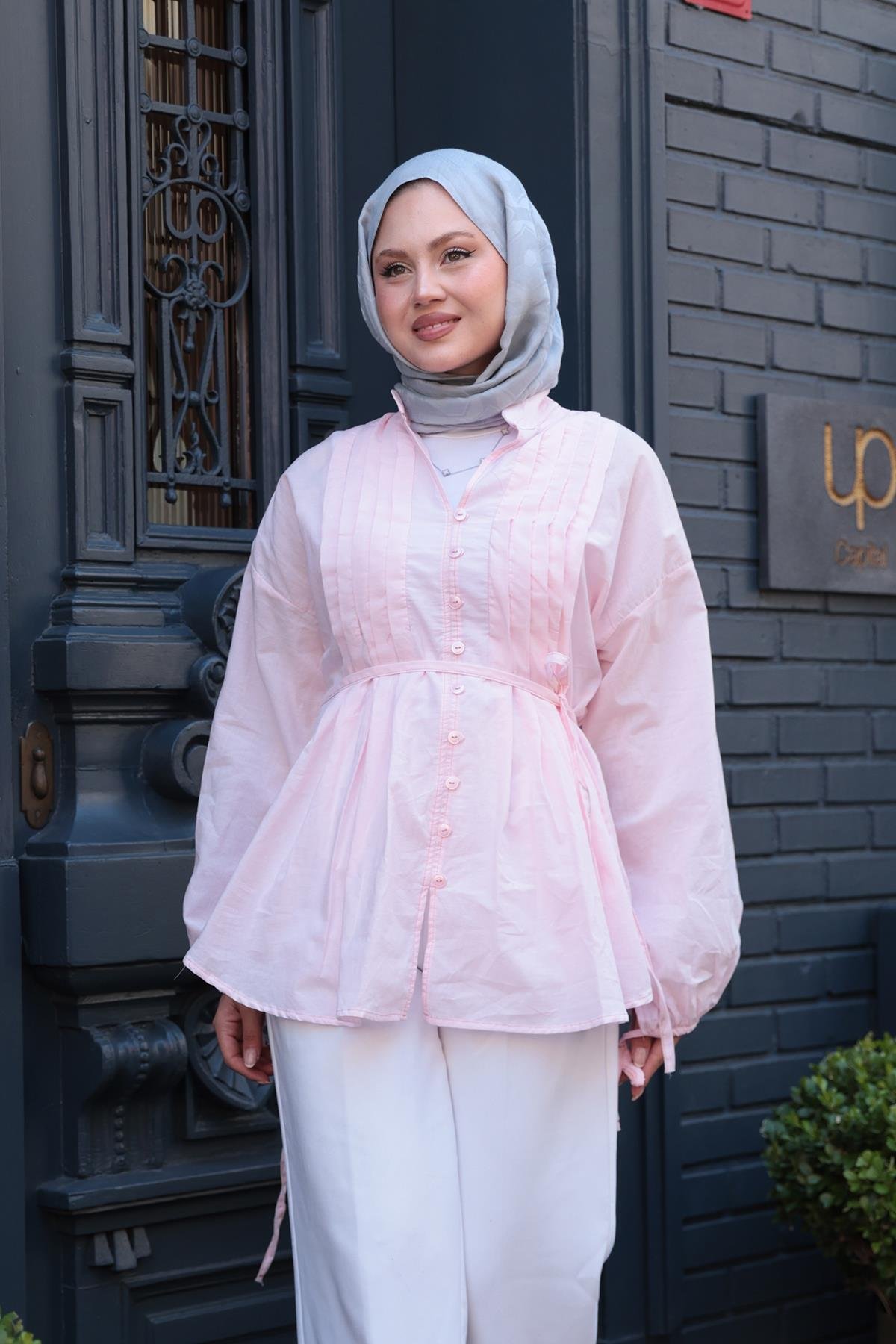 Önü Pile Detay Vual Gömlek  Pembe