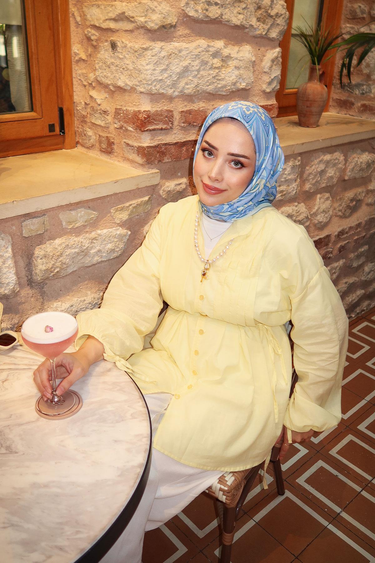 Önü Pile Detay Vual Gömlek  Sarı