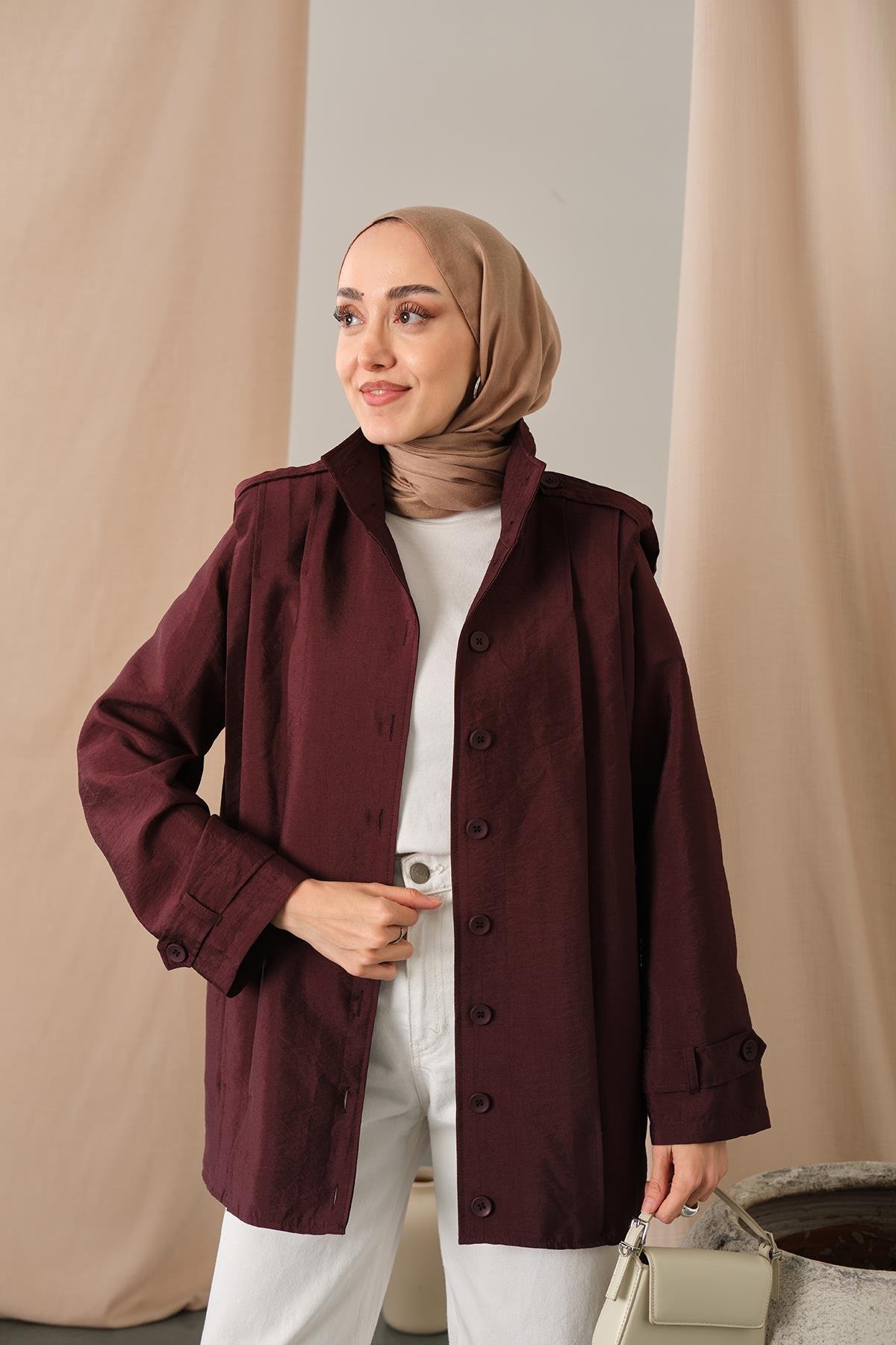 Önü Pile Detaylı Gömlek Bordo