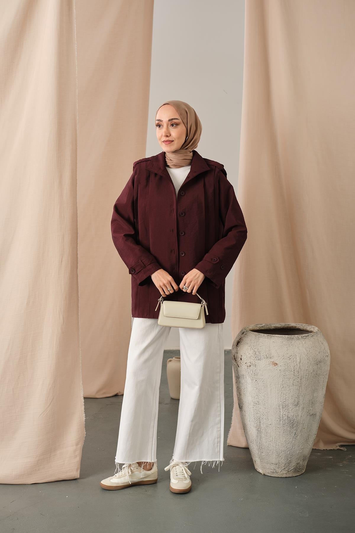 Önü Pile Detaylı Gömlek Bordo