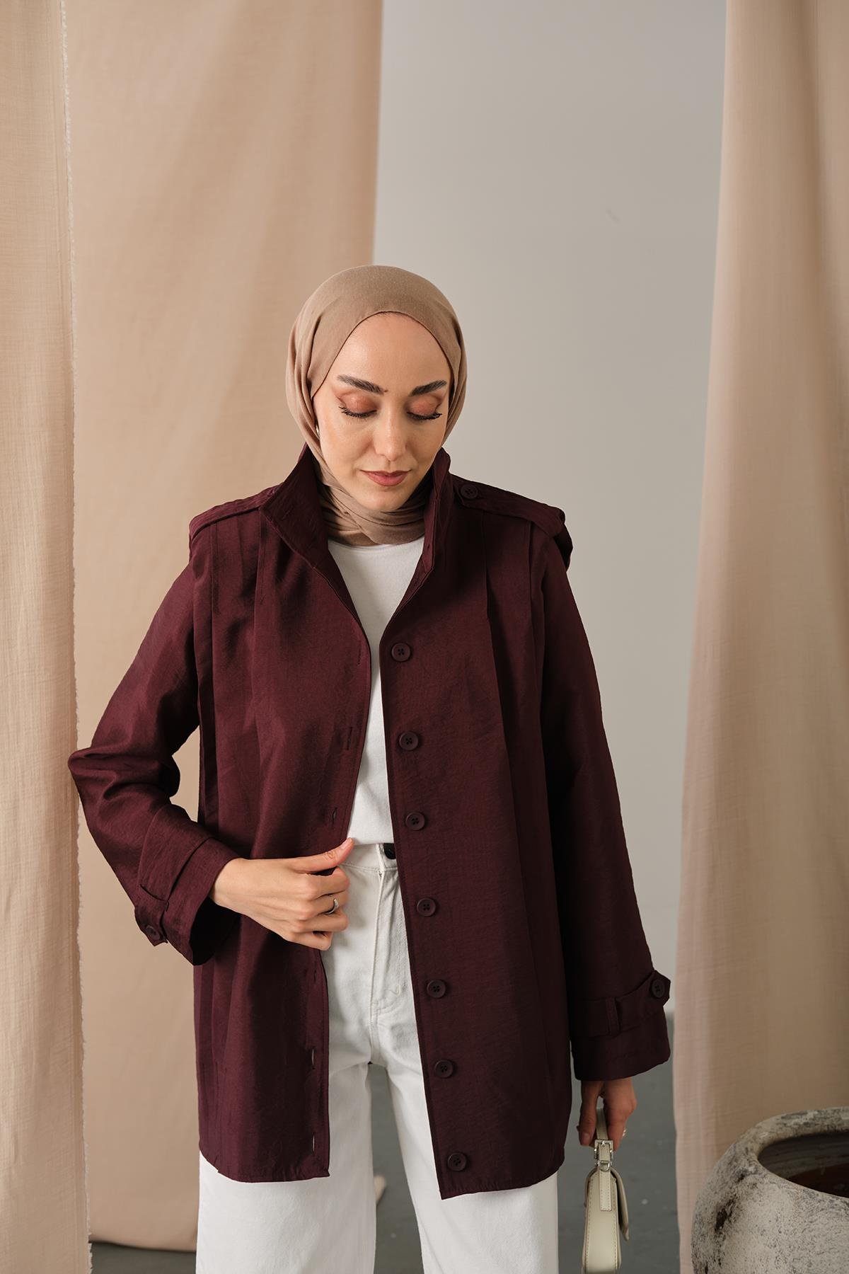 Önü Pile Detaylı Gömlek Bordo