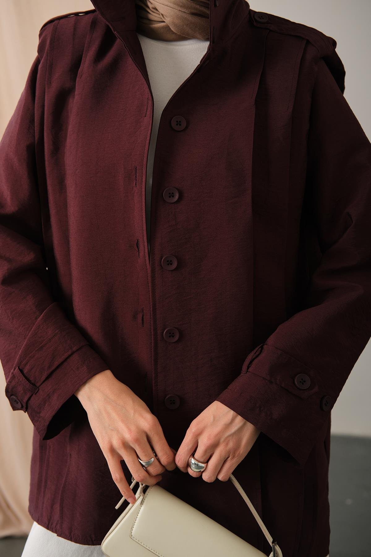 Önü Pile Detaylı Gömlek Bordo