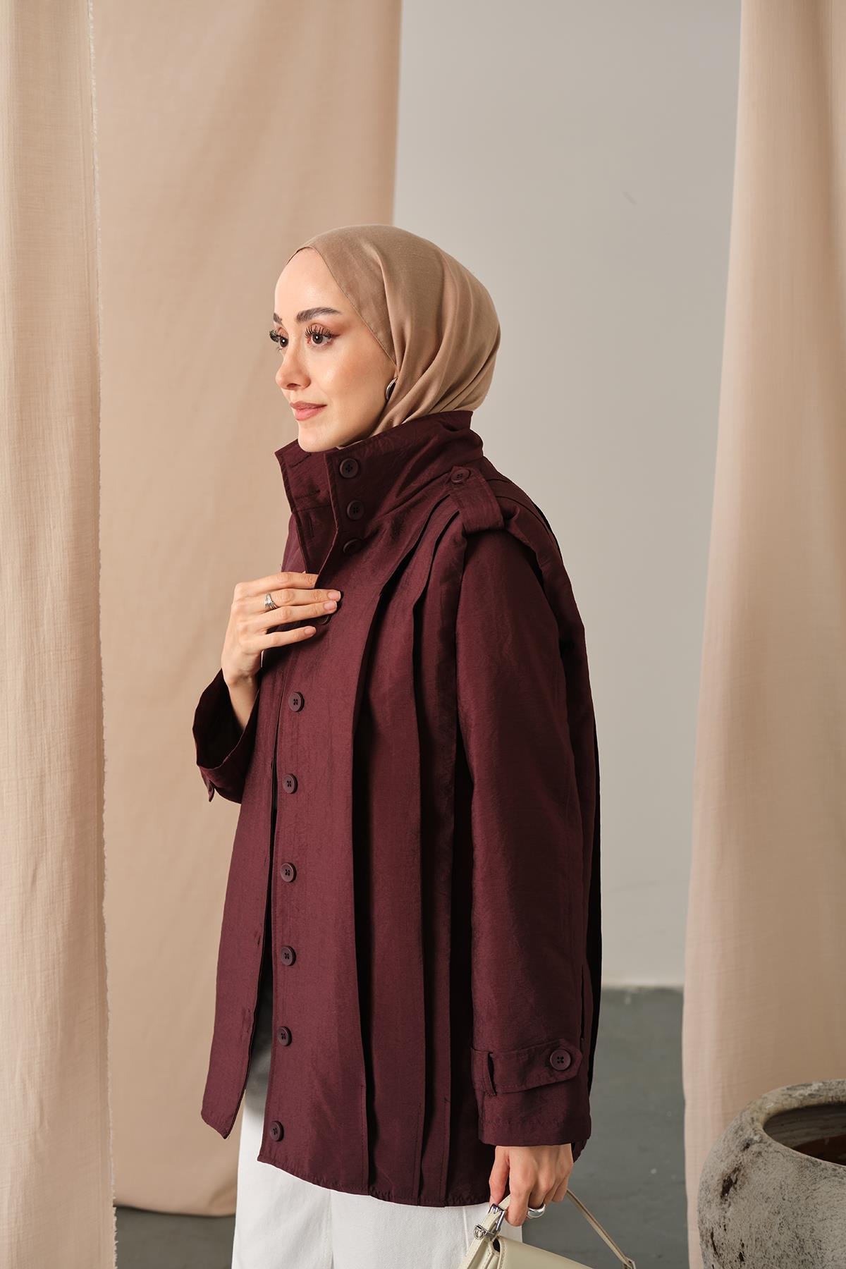 Önü Pile Detaylı Gömlek Bordo