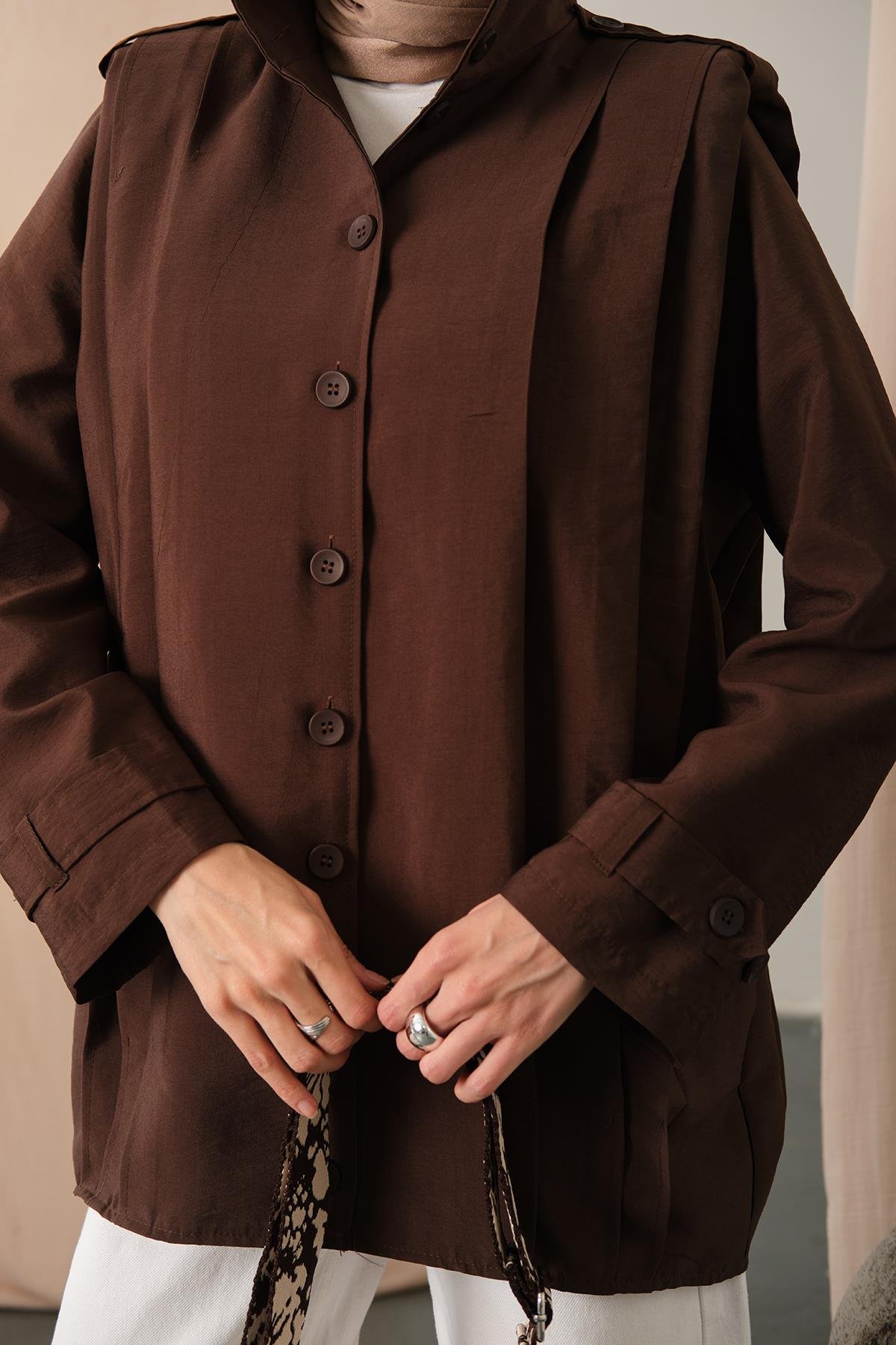 Önü Pile Detaylı Gömlek Kahverengi