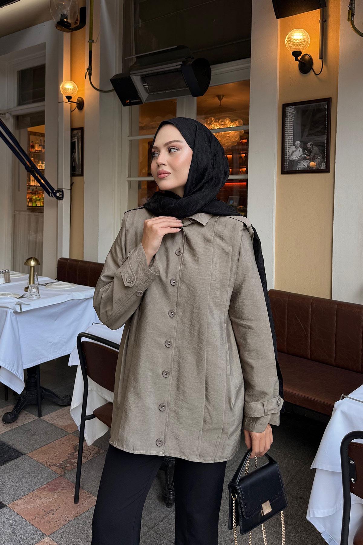 Önü Pile Detaylı Gömlek Vizon