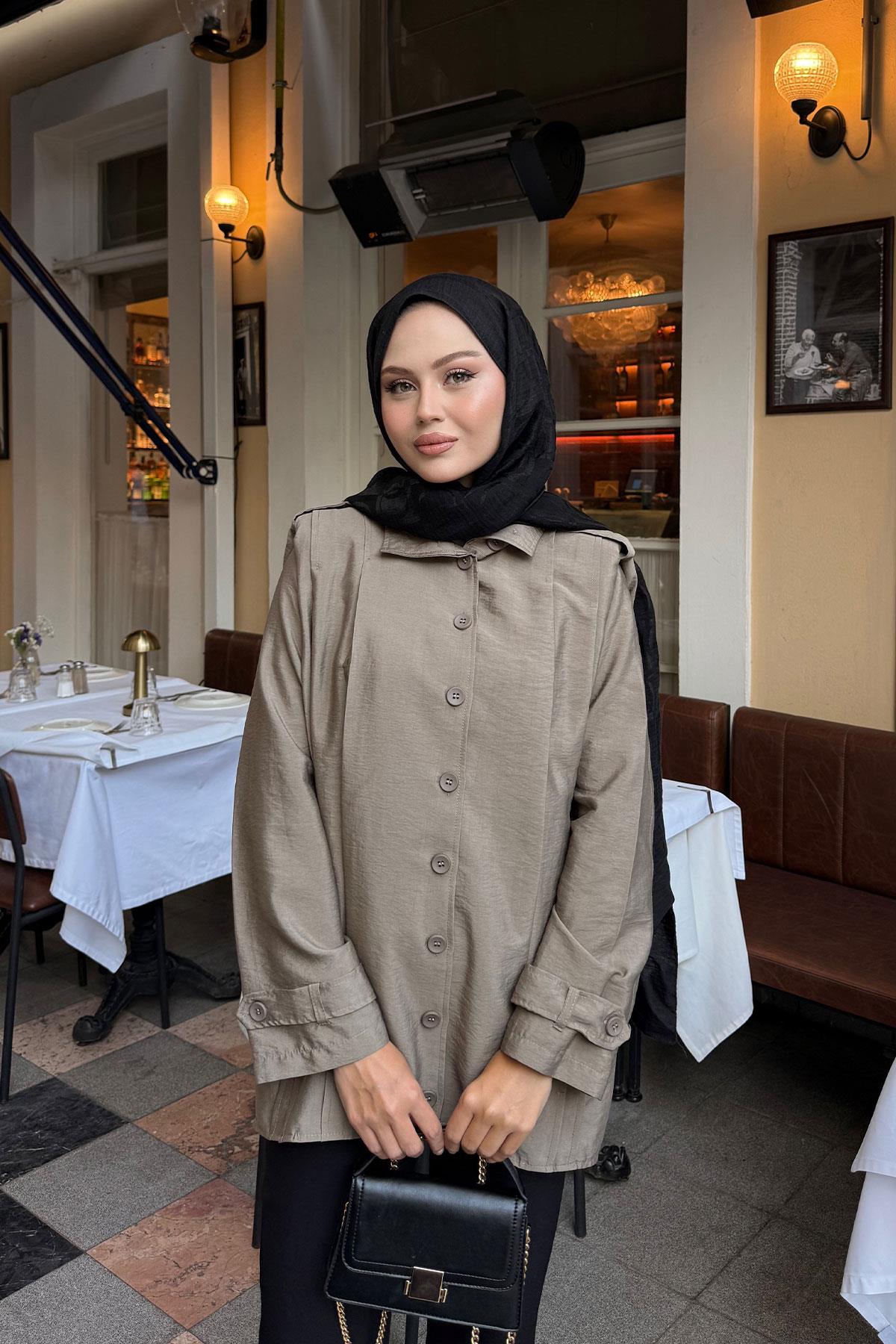 Önü Pile Detaylı Gömlek Vizon