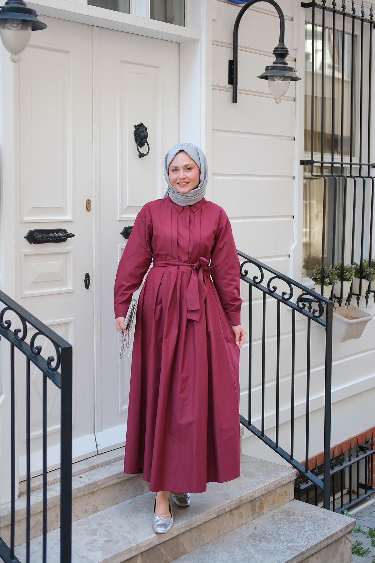 Önü Pileli Poplin Elbise  Bordo