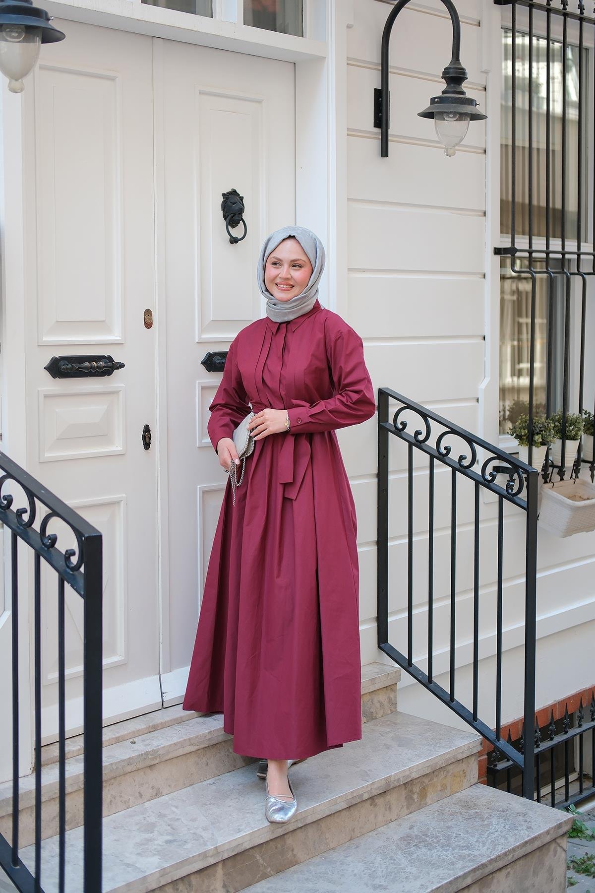 Önü Pileli Poplin Elbise  Bordo