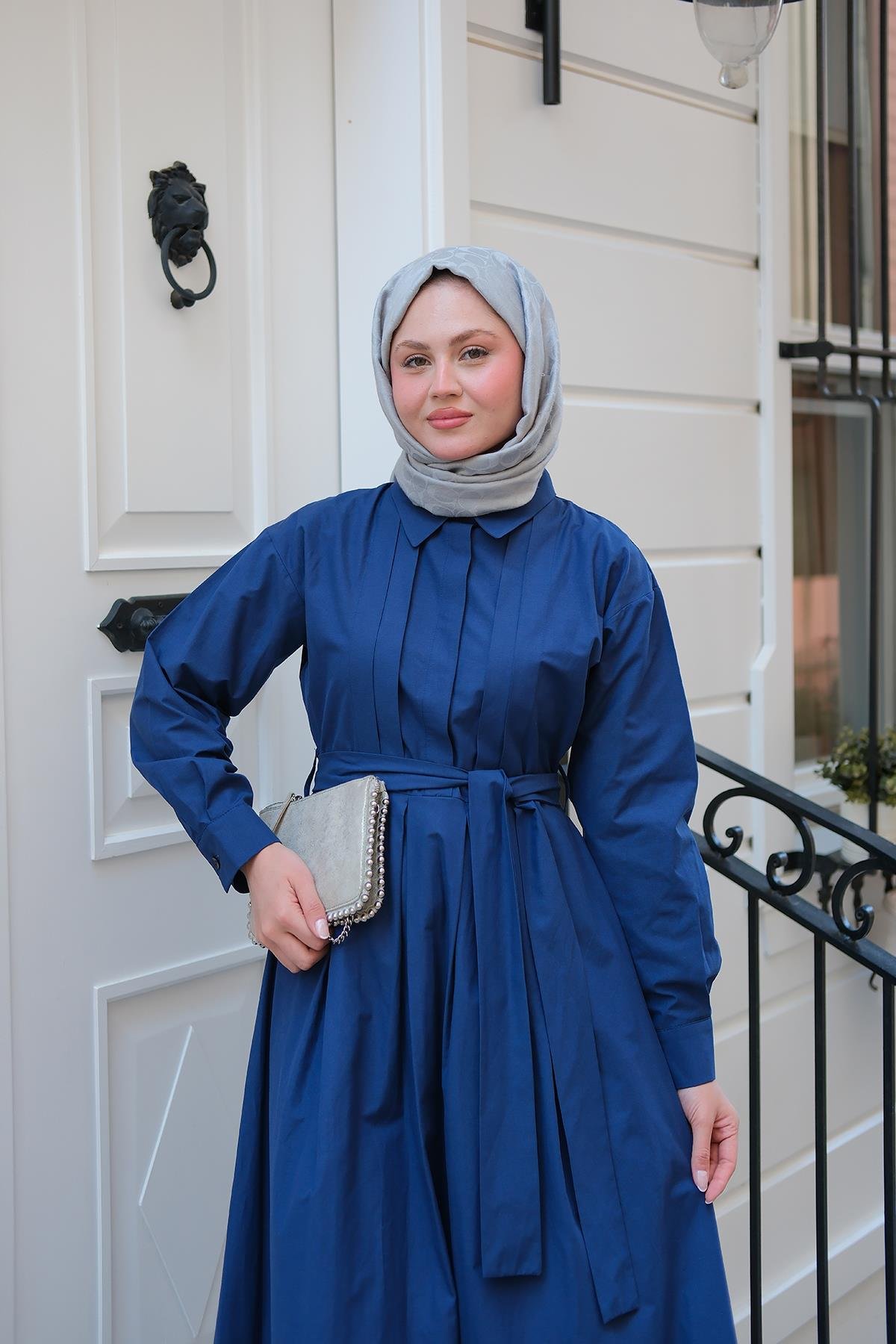 Önü Pileli Poplin Elbise  Lacivert