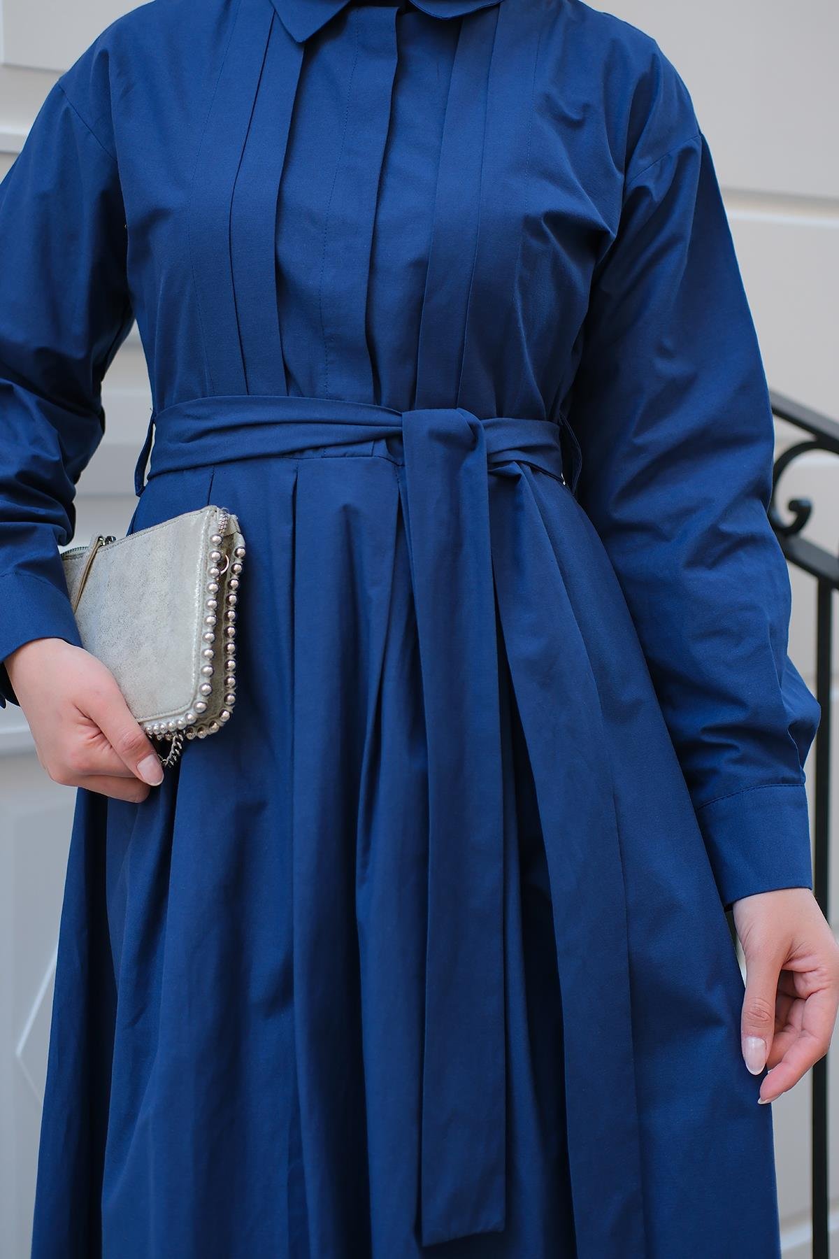 Önü Pileli Poplin Elbise  Lacivert