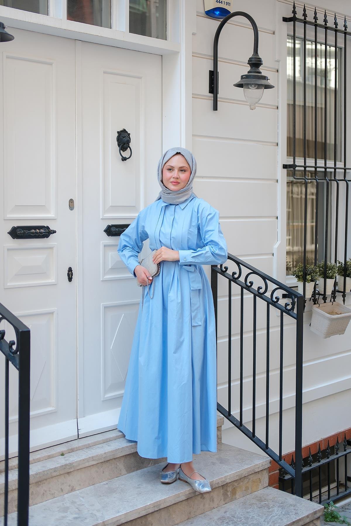 Önü Pileli Poplin Elbise  Mavi