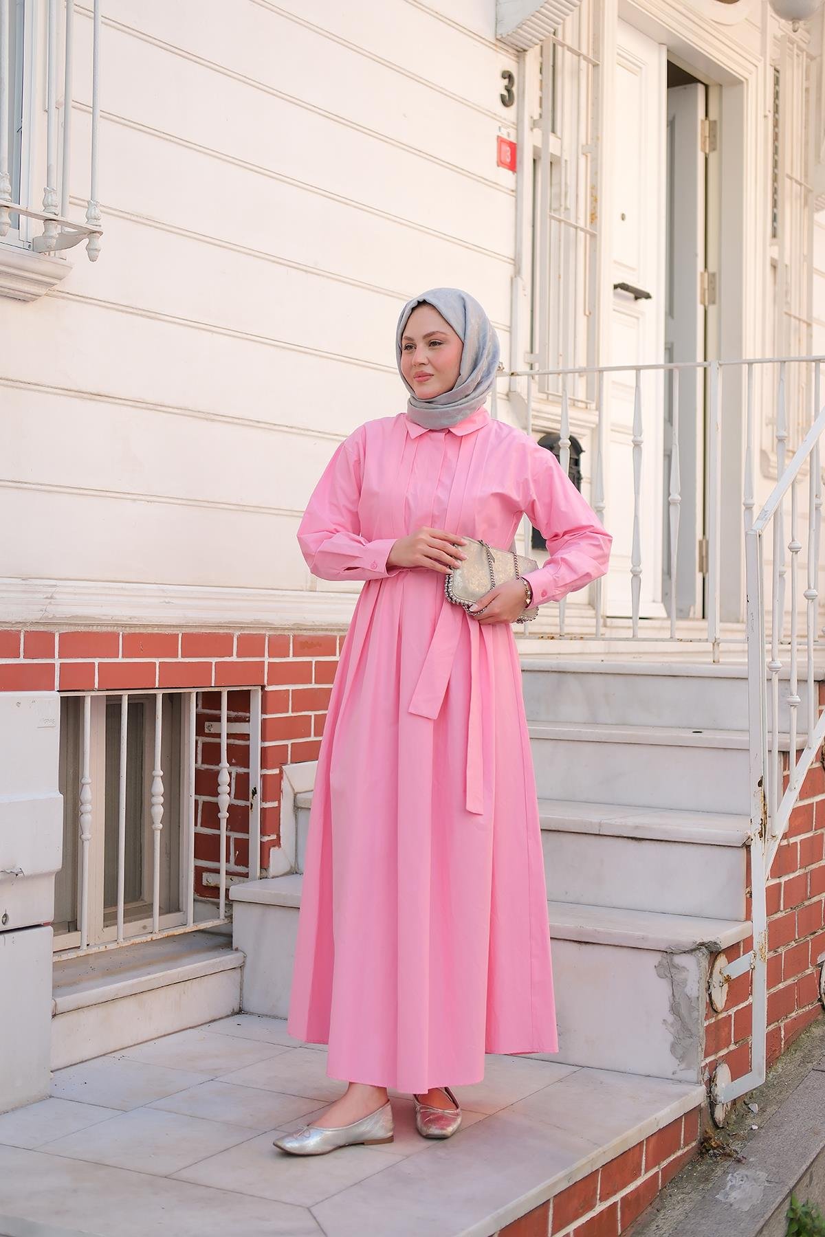 Önü Pileli Poplin Elbise  Pembe