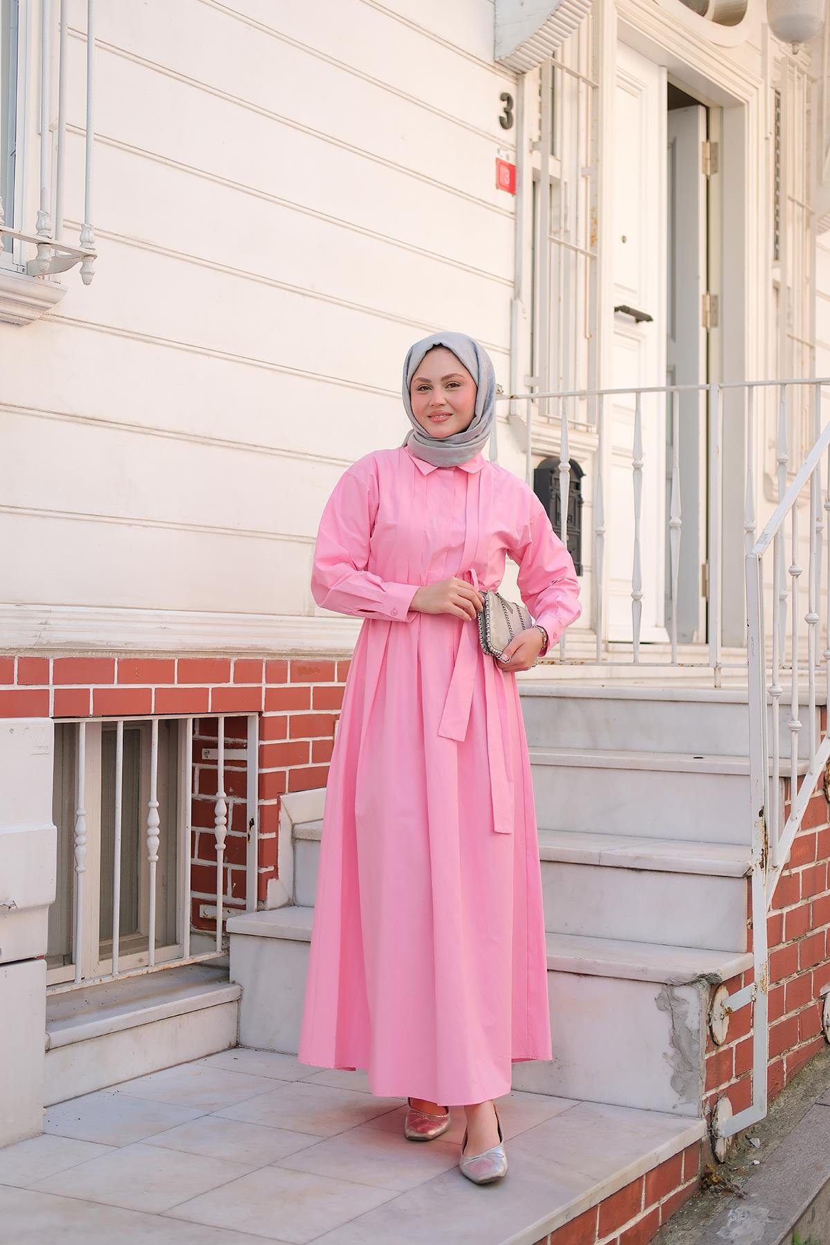 Önü Pileli Poplin Elbise  Pembe