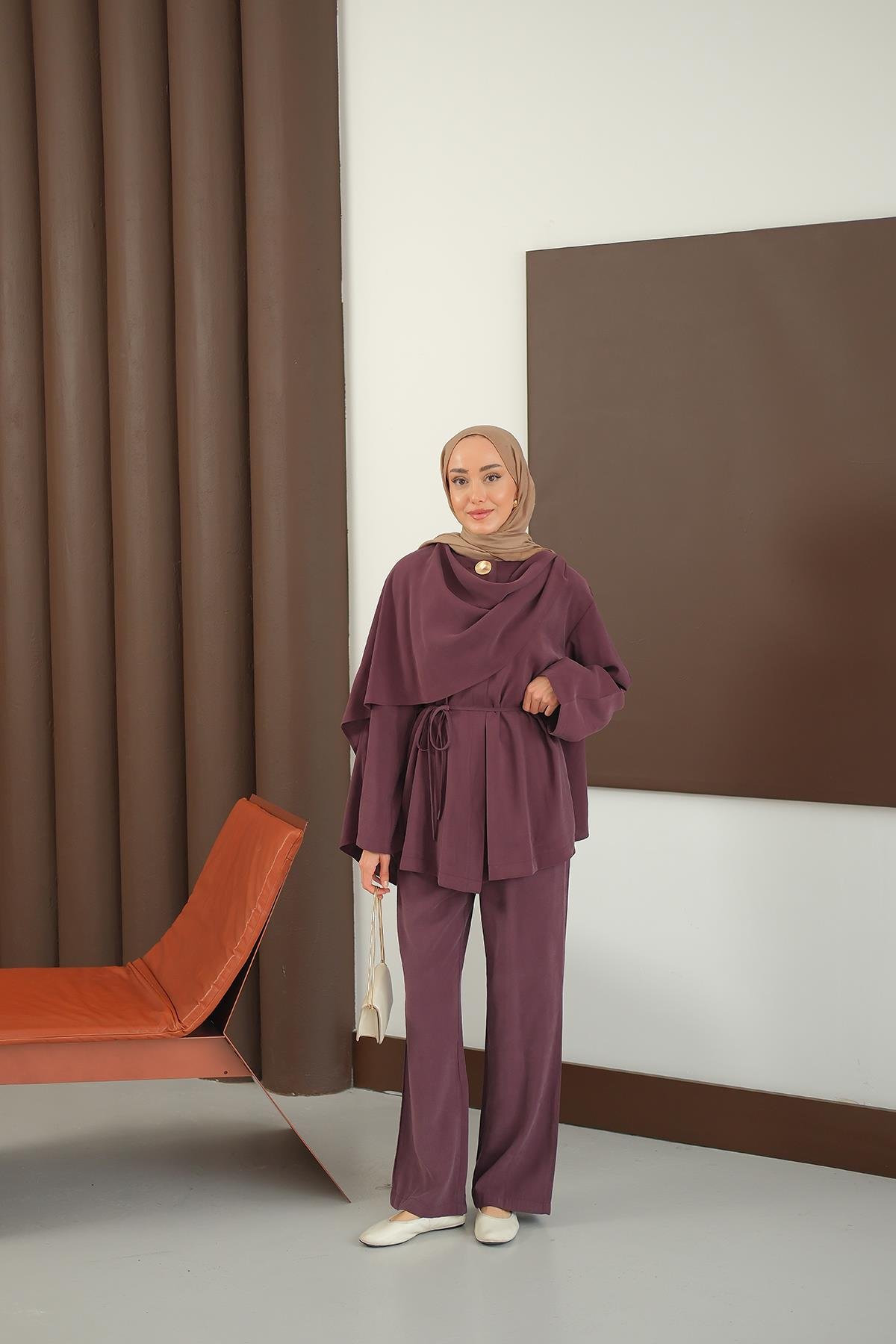 Önü Şal Detay Takım Bordo