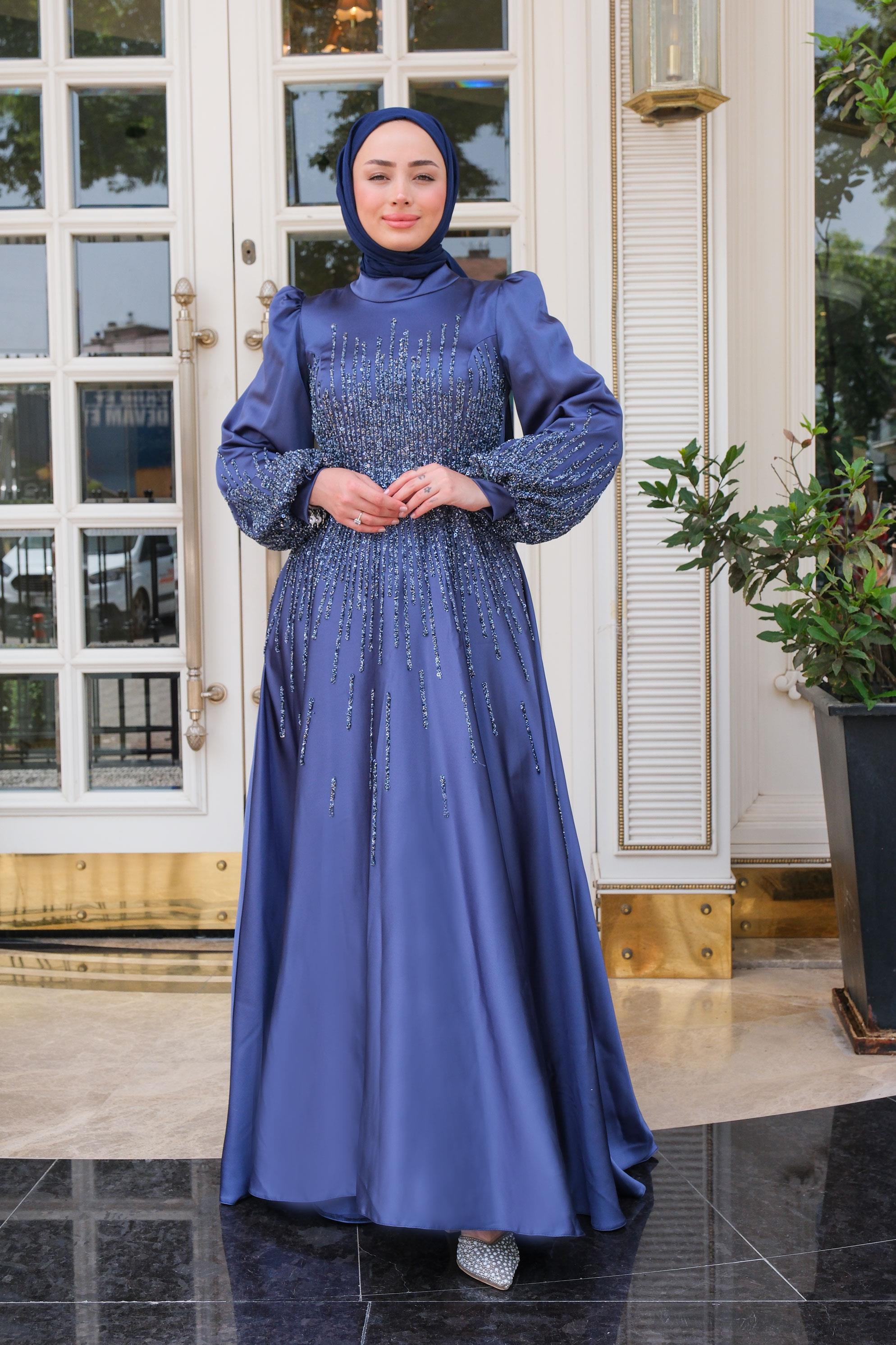 Önü Taş Aksesuarlı Abiye Lacivert