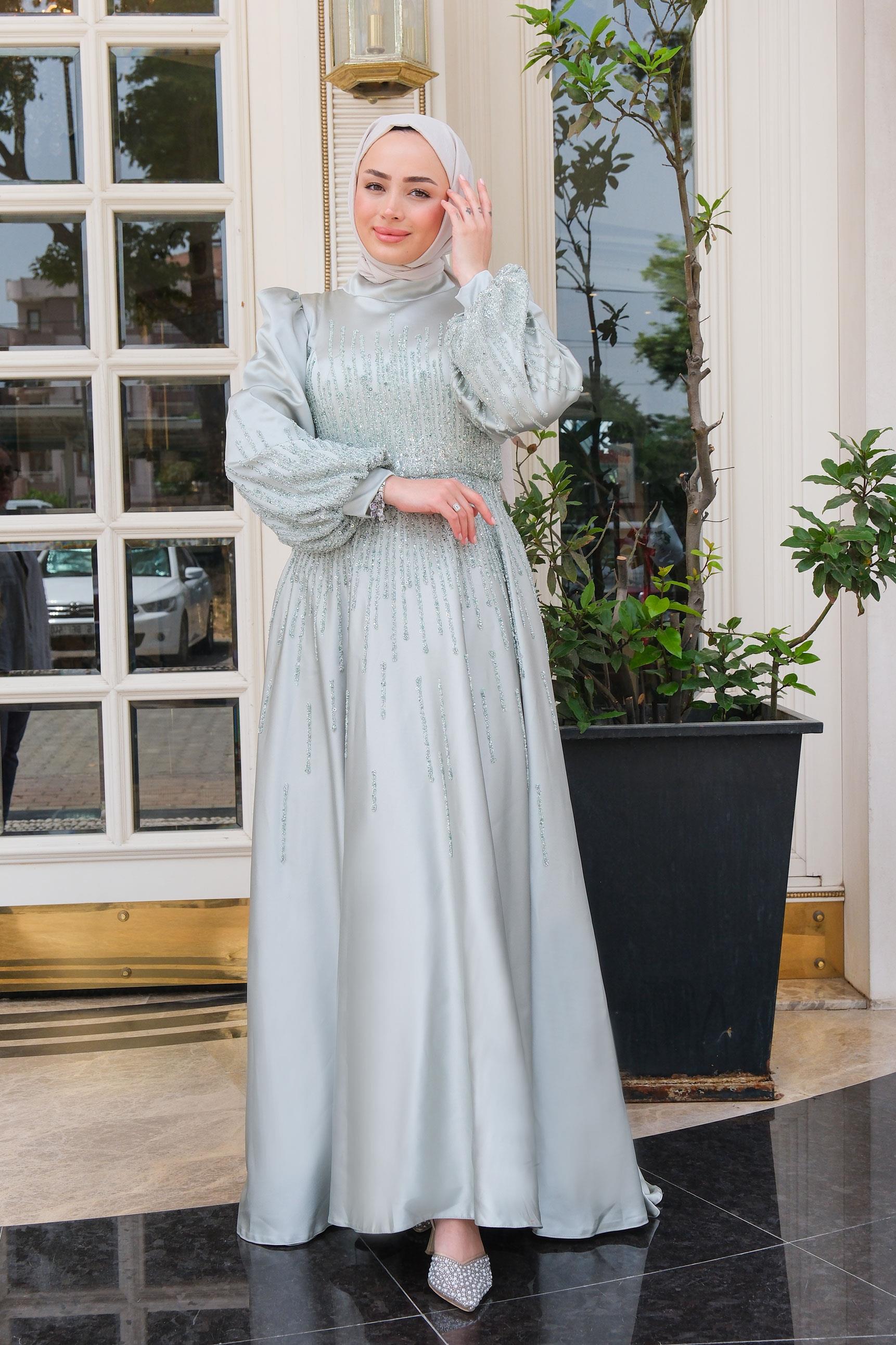 Önü Taş Aksesuarlı Abiye Su Yeşil