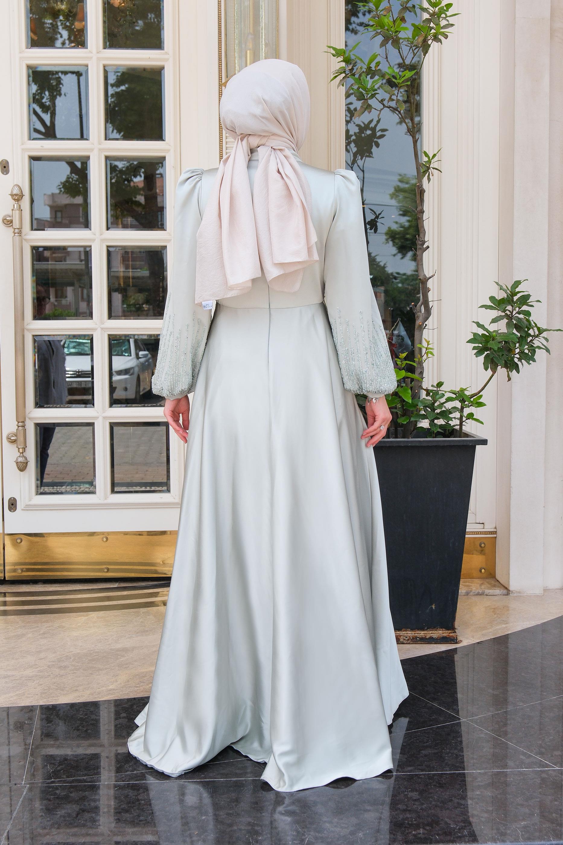 Önü Taş Aksesuarlı Abiye Su Yeşil