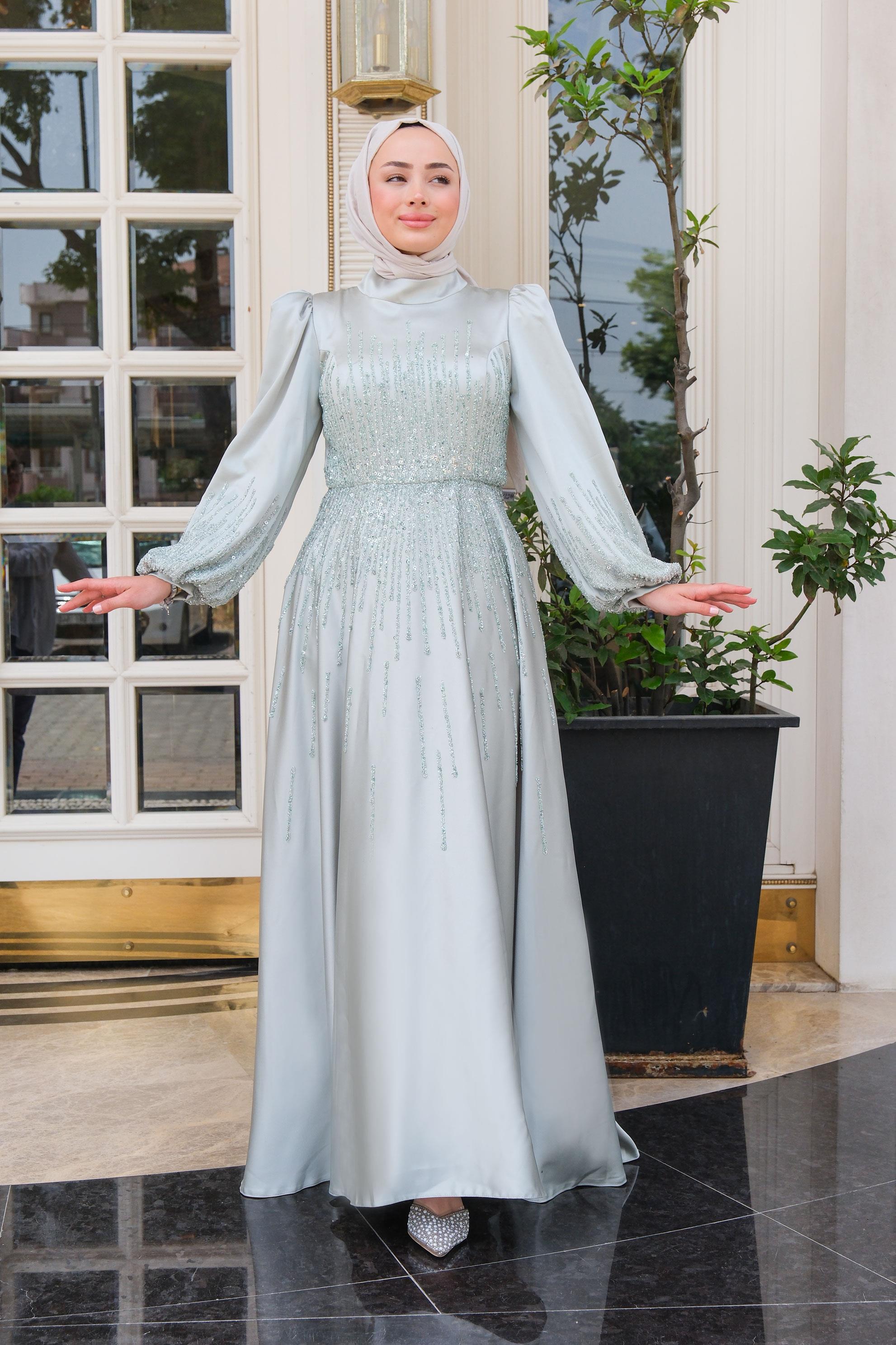 Önü Taş Aksesuarlı Abiye Su Yeşil