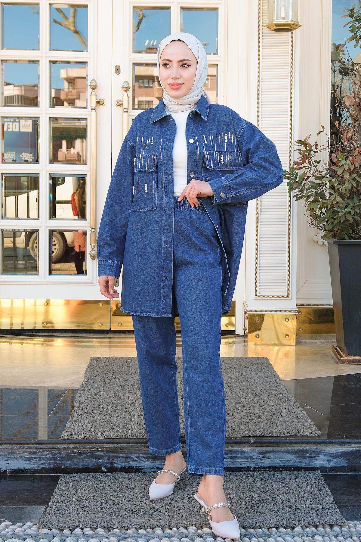 Önü Taş Aksesuarlı İkili Takım Koyu Mavi