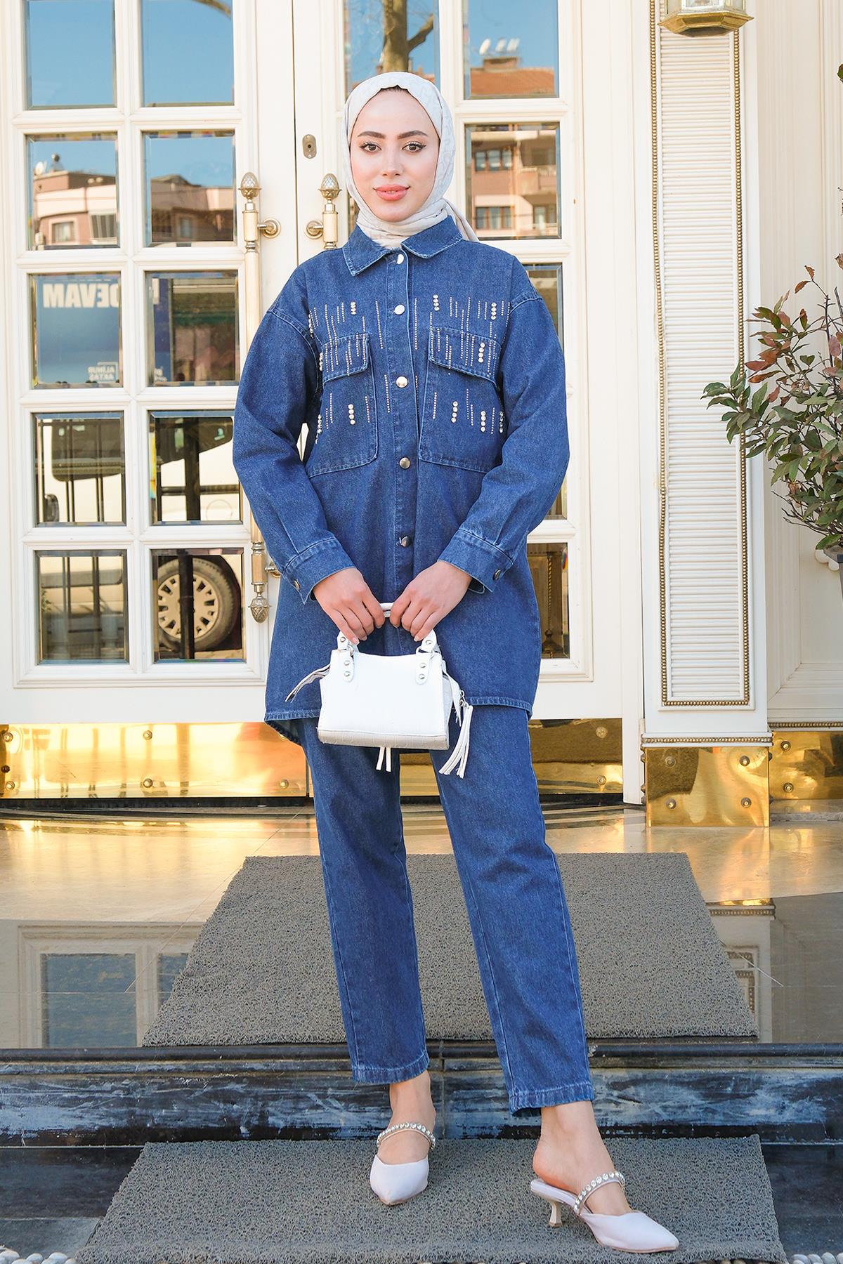 Önü Taş Aksesuarlı İkili Takım Koyu Mavi