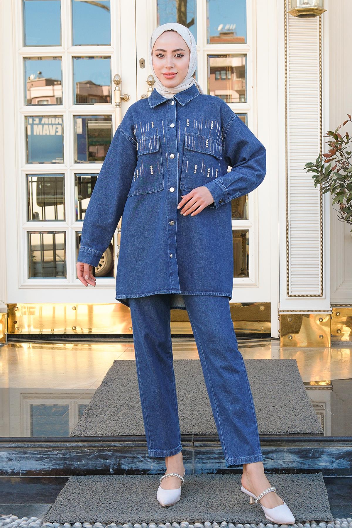 Önü Taş Aksesuarlı İkili Takım Koyu Mavi